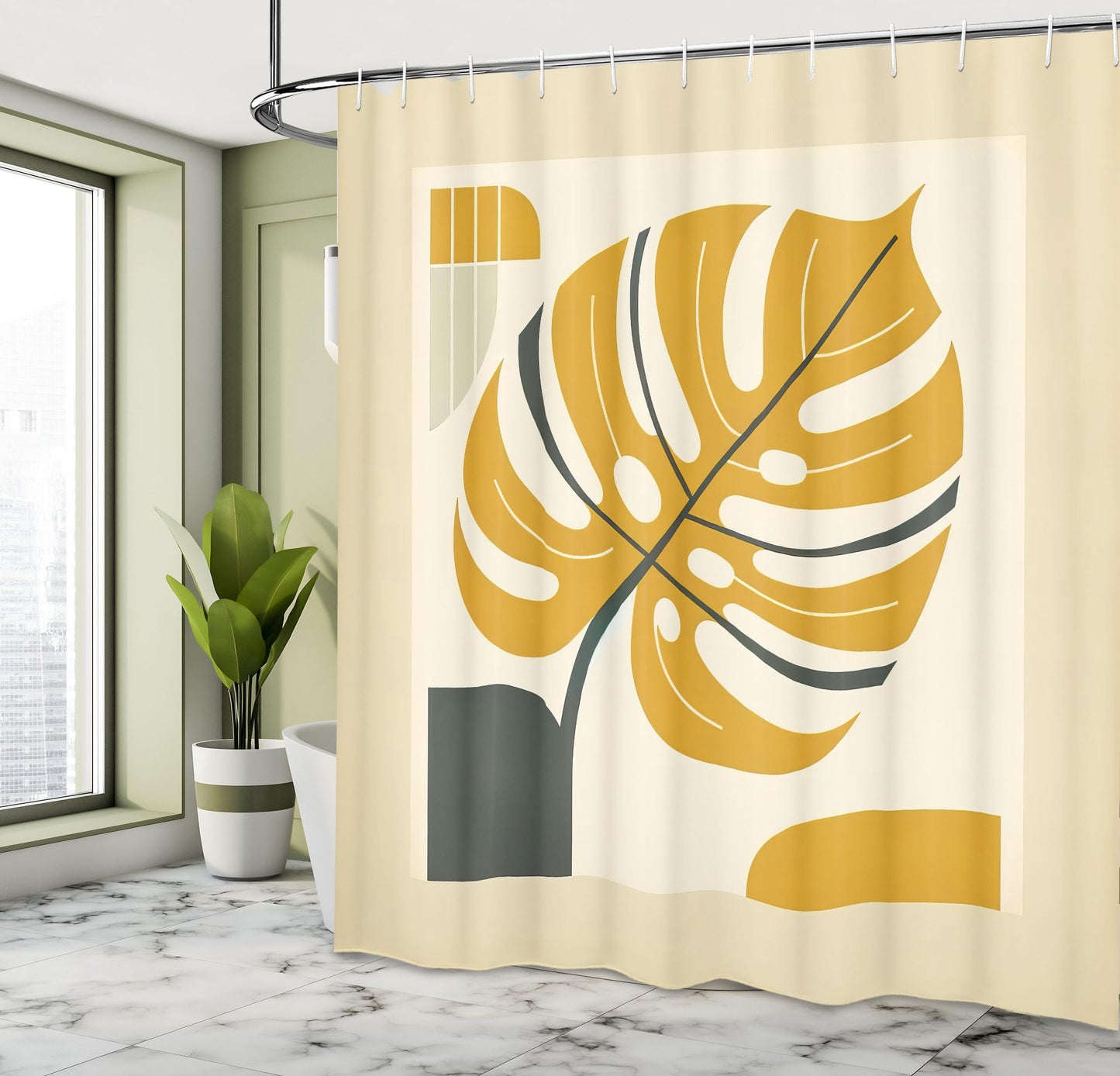 Ambesonne Yellow Shower Curtain, Abstract Modern Monstera Leaf Paint with Geometric Shapes and Frame Like, Cloth Fabric Bathroom Decor Set with Hooks, 69" W x 70" L, Orange Dimgray Beige