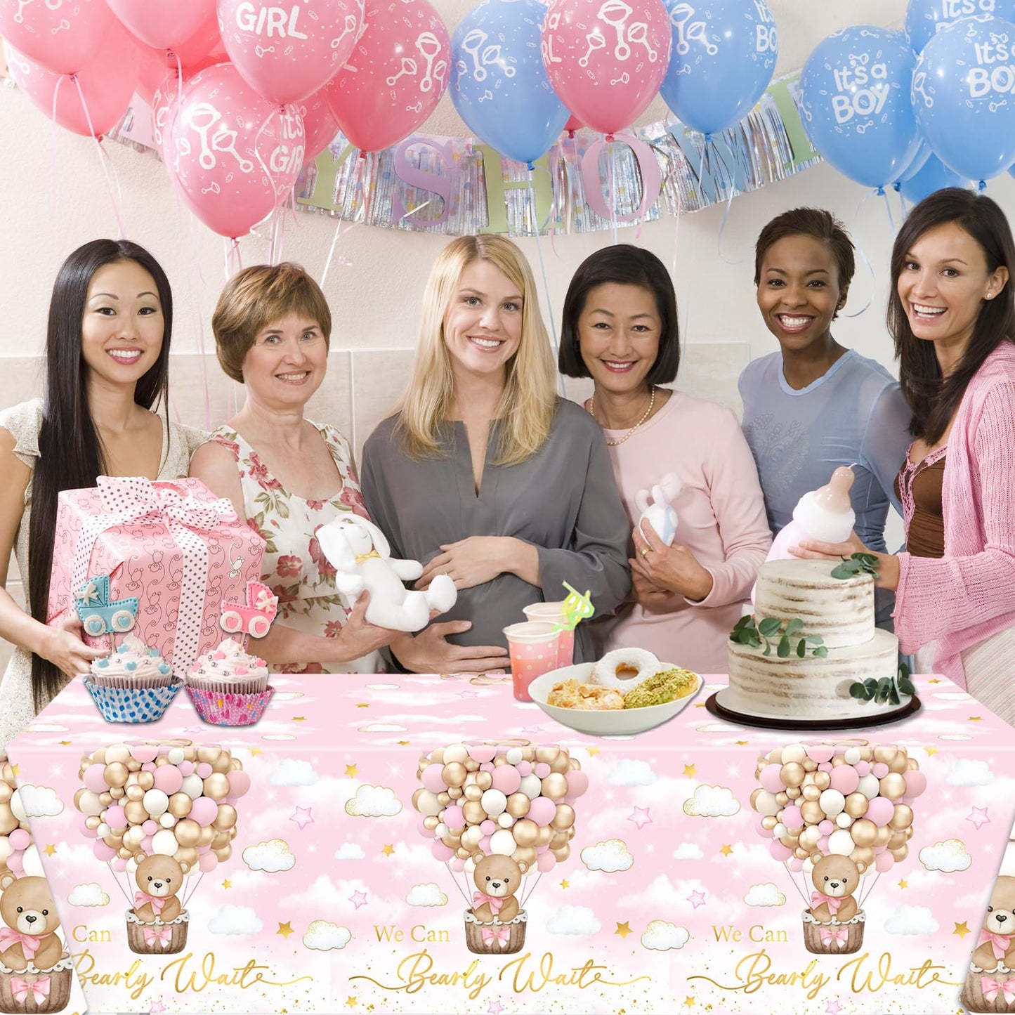CMUSKO 3Pcs Pink Bear Baby Shower Tablecloth, We Can Barely Wait Baby Shower Decorations Teddy Bear Table Cover for Girls Bear Beraly Wait Party Supplies, 108x180cm