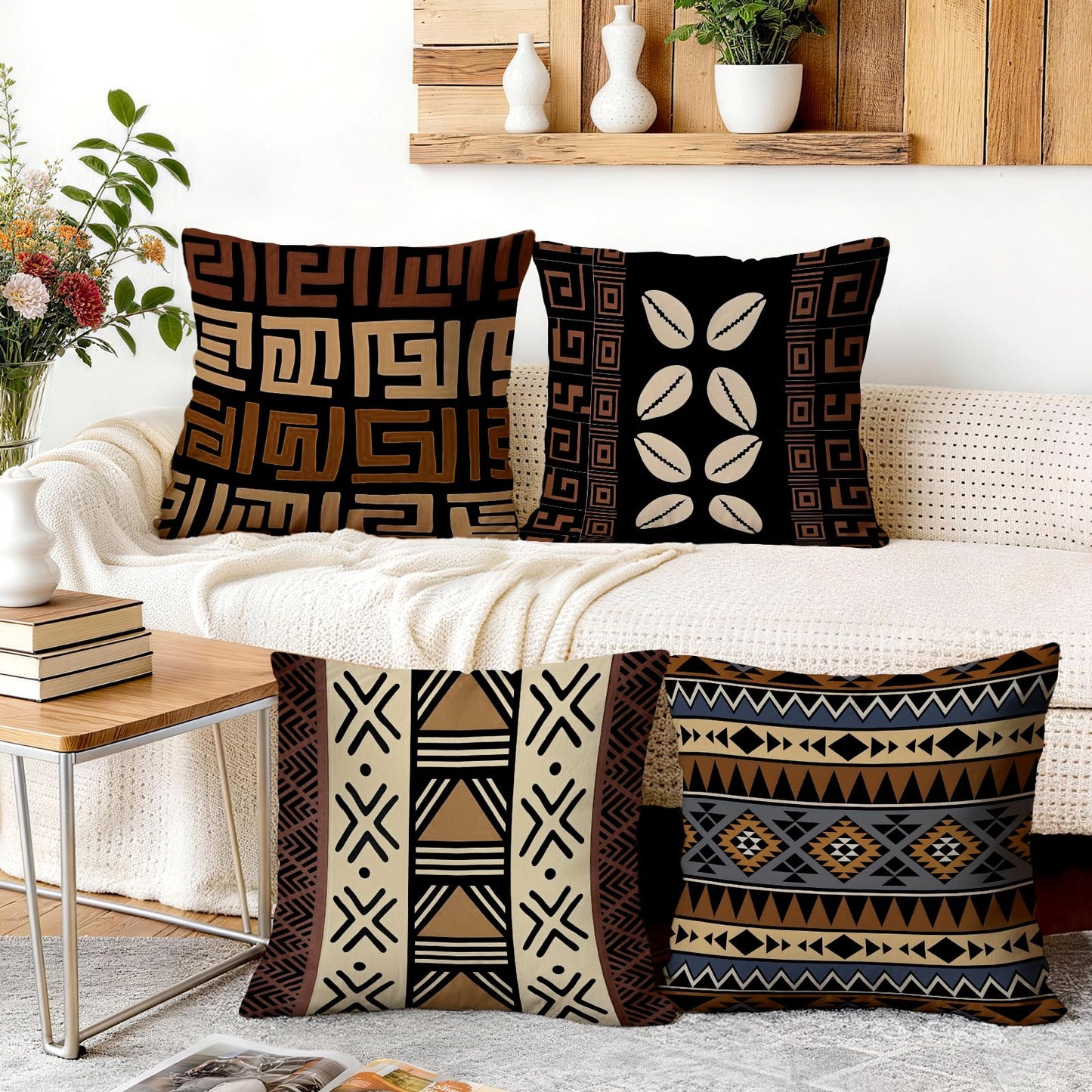 ORMAN African Ethnic Pillow Covers 18x18 Inches Set of 4, Retro Traditional Pillow Case for Couch Sofa Bedroom Living Room Outdoor