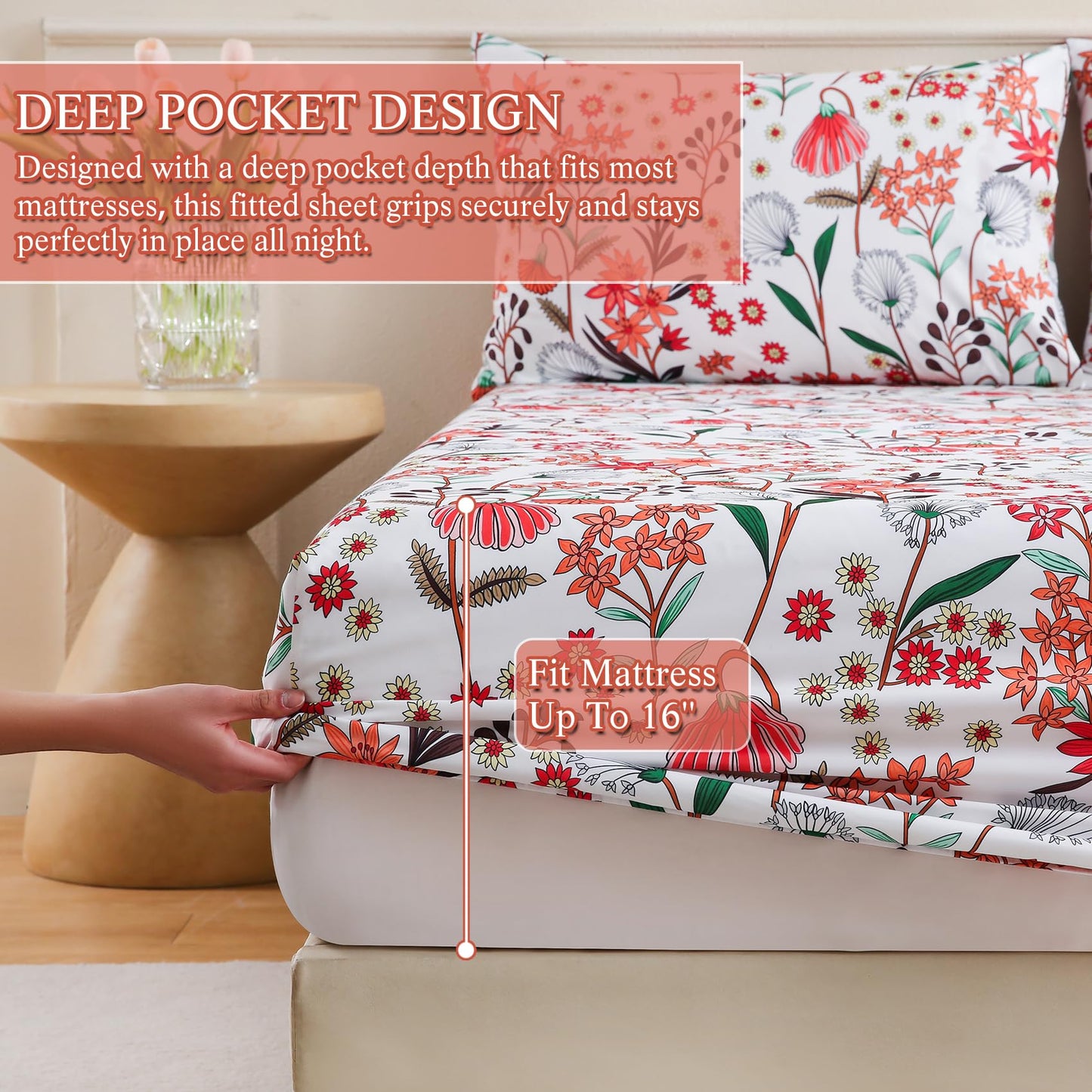 CIMVI Fashion Flower Sheet Set Queen Size 4 Pieces Floral Bedding and Pillowcases 15 inch Deep Pocket Fitted Sheets Soft Breathable Bed Sets Woman Adults Decor Bedroom
