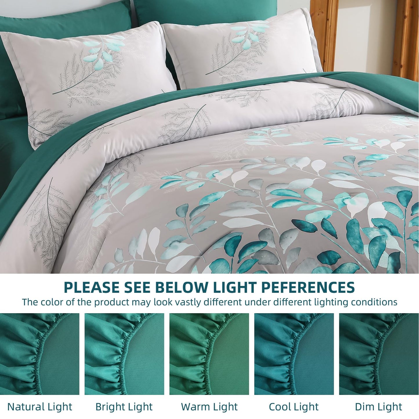 Anibedding Teal Green Floral Comforter Set Queen, 7 Piece Green Botanical Gradient Leaves Ultra Soft Microfiber Down Alternative Bedding Set with Sheets and Bedroom for All Season