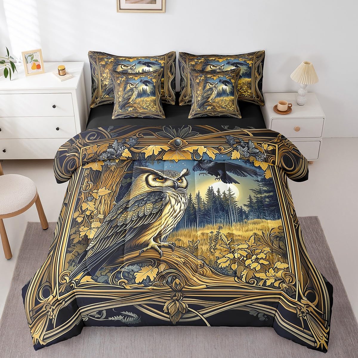 Feelyou Boys Girls Owl 7 Pieces Bedding Set Queen Size, Cute Animal Bed in A Bag Kids Wild Animal Comforter Set with Sheets West Teens Bed Set Bedroom Decor 7Pcs