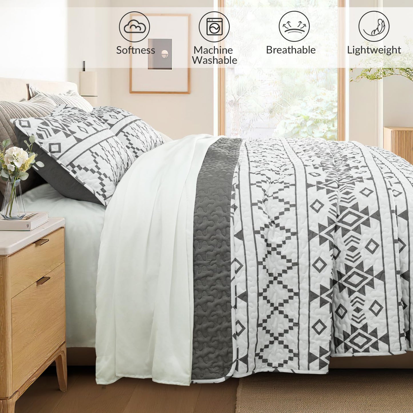 Whale Flotilla Full Queen Size Quilt Set - Reversible White Quilts Queen Size with 2 Pillow Shams, Lightweight Boho Striped Bedspreads Coverlet Bedding Set for All Seasons