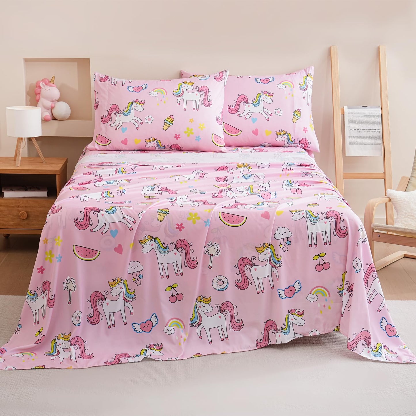 Yibeizi Pink Unicorn Sheet Set for Girls Twin, Kids Rainbow Sweet Print Bedsheets Microfiber Deep Pocket Cute Patterned Bed Sheet & Pillowcase Sets 3 Pieces