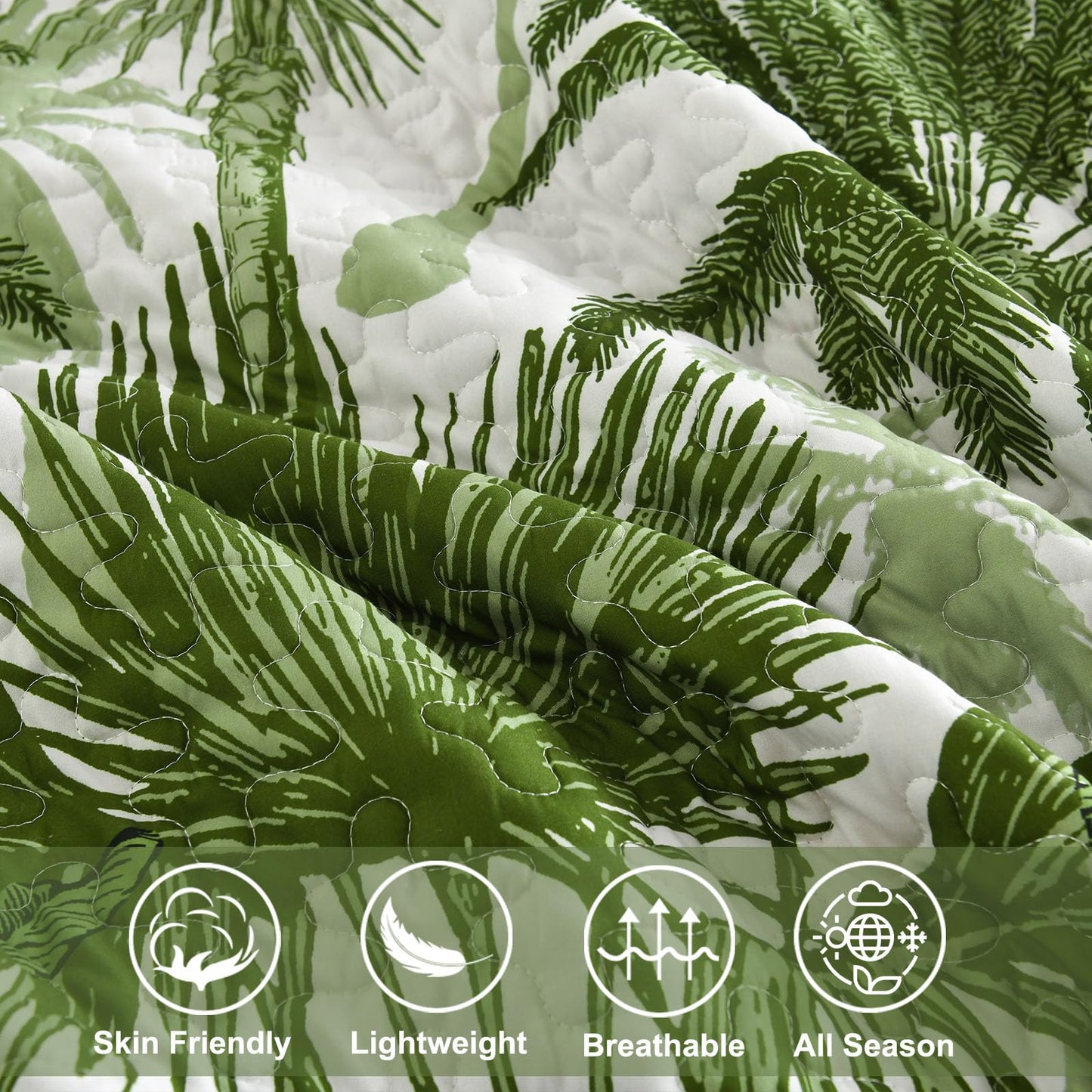 Luxudecor Tropical Plants Quilt Set Queen Size 3 Pieces Green Palm Botanical Bedspread Rainforest Style Bedding Set Soft Lightweight Bed Cover for All Season 96"x90"