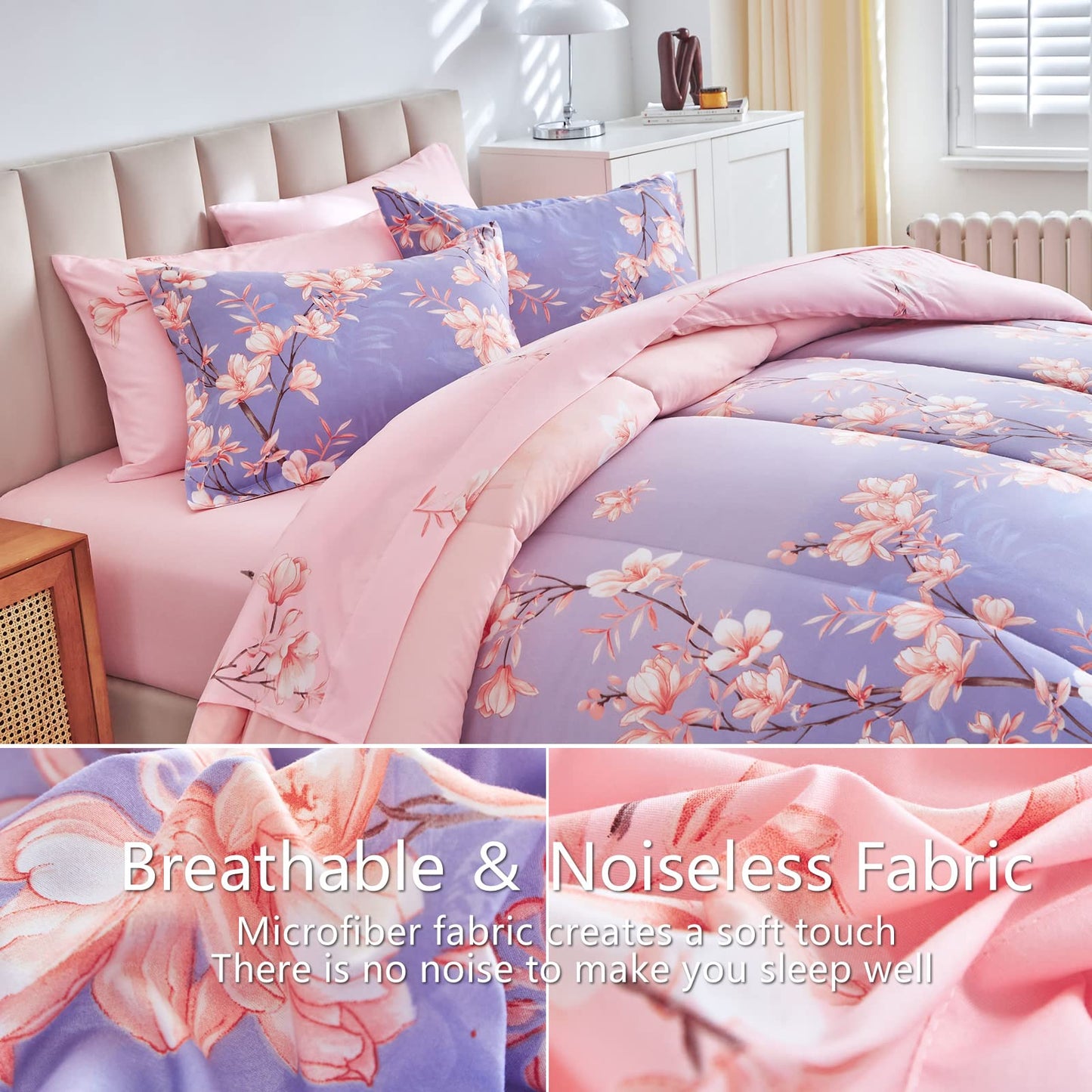 AIKASY Pink and Light Purple Queen Comforter Set with Sheets,Bed in a Bag 7-Pieces,Branches and Flowers Printing Design,Ultra Soft Down Alternative All Season Bedding Set(Queen,Blossom Stem)