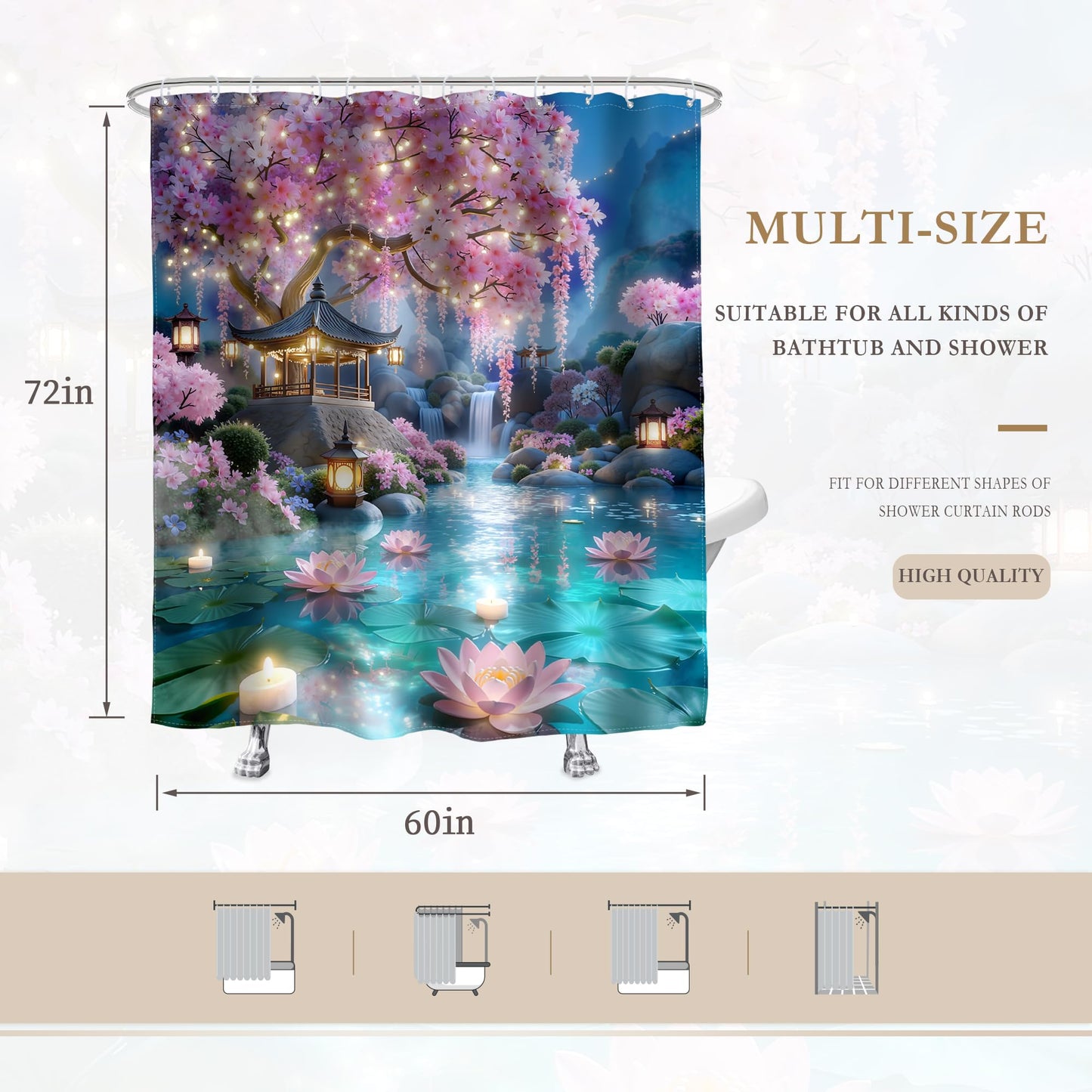 Glawry Japanese Shower Curtain 60Wx72L Inches Pink Floral Cherry Blossom Spring Night Nature Waterfall Lotus Asian Aesthetic Bathroom Accessories Art Home Decor Fabric 12 Hooks