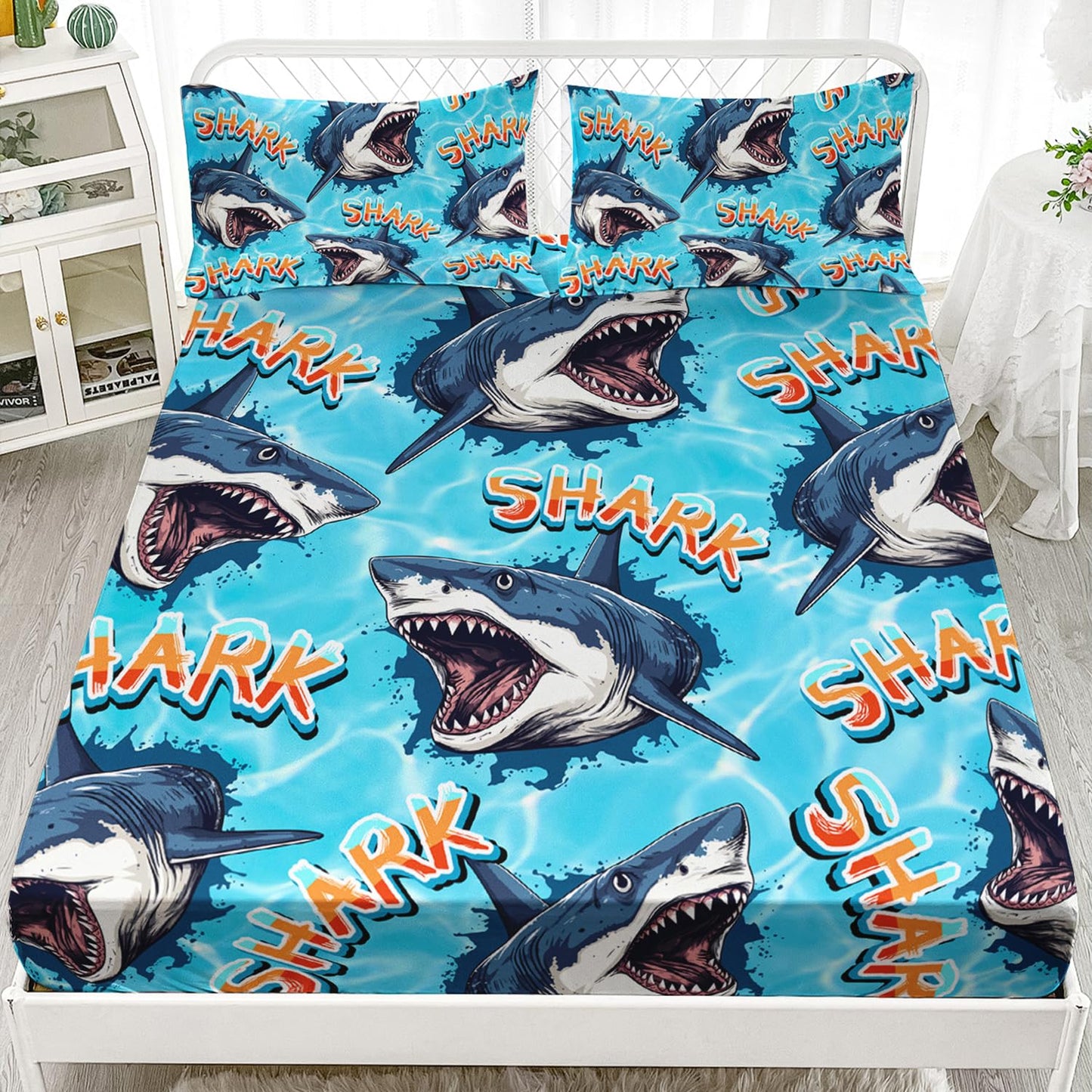 HOSIMA Shark Fitted Sheet Set Full Size,3D Shark Pattern Ocean Theme Bedding Set Full for Kids Boys,Sea Animal Collection Deep Pocket for Ocean Bedroom Decor,1 Fitted Sheet+2 Pillowcases.