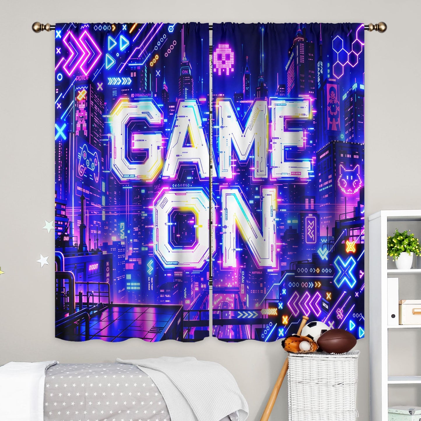 LIGHTINHOME Neon Game Curtains 42Wx63H Inch Boys Modern City Night Video Games Boys Cool Game On Urban Gaming Quotes Skulls Rod Pocket Bedroom Living Room Window Drapes Treatment Fabric 2 Panels