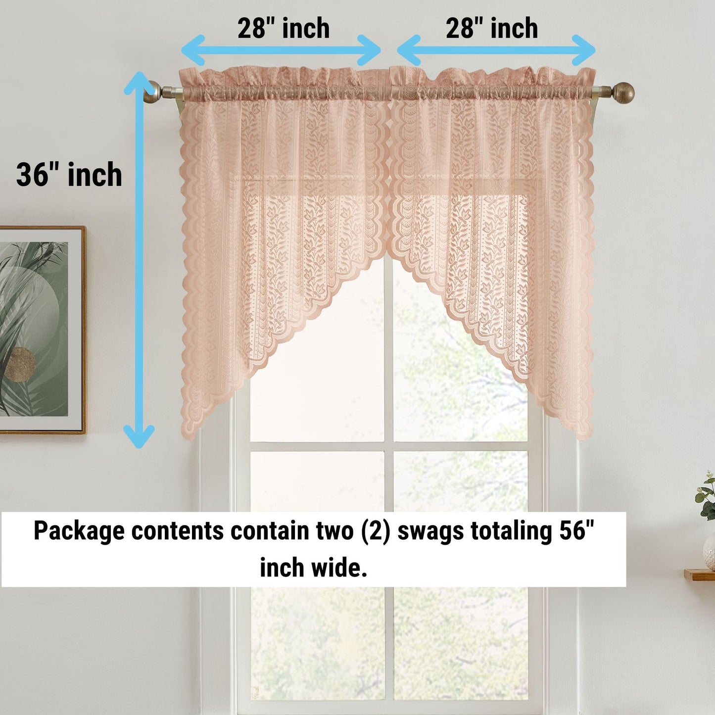 HLC.ME Sophia Floral Rod Pocket Lace Short Cafe Swags for Small Windows - 28 x 36 Inch Length (Blush Pink Swags, Set of 2)