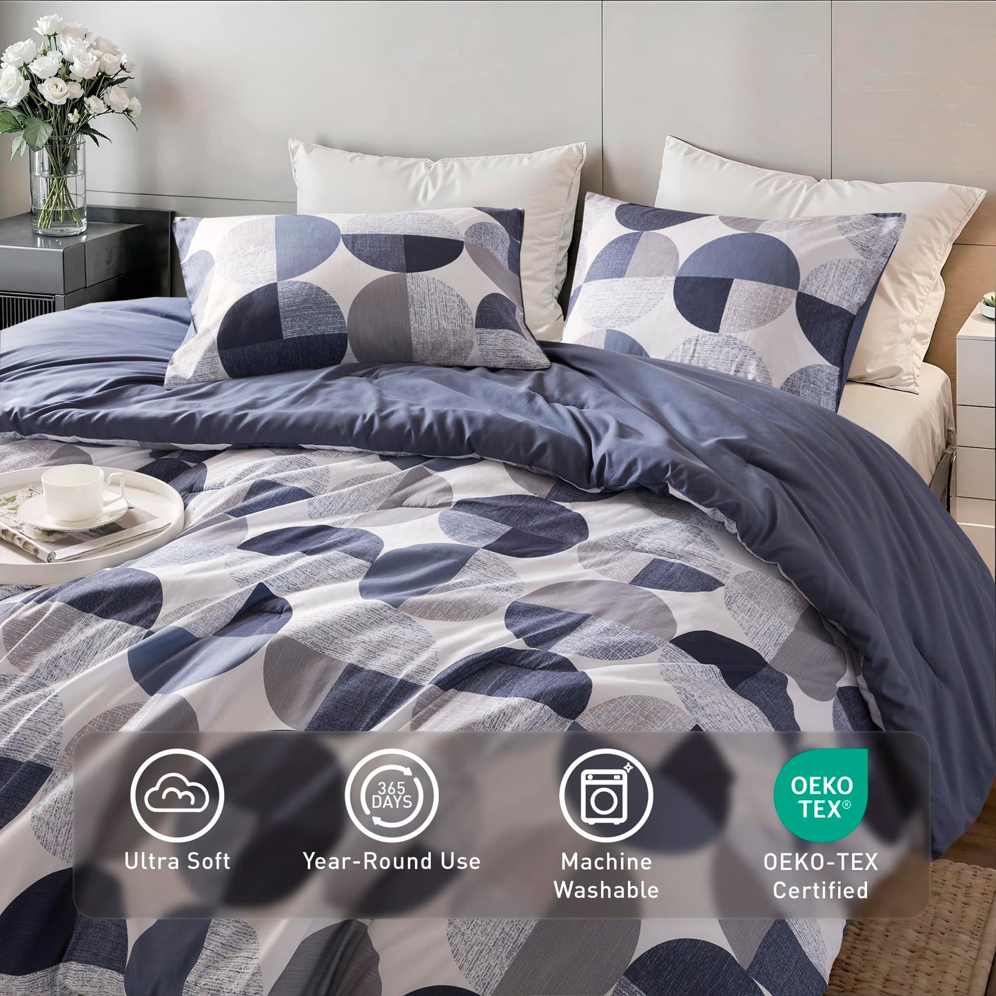 Regency Heights Stylish Three-Tone Printed King Size Comforter Set, 3 Pieces Ultra-Soft Microfiber Bedding Set, Warm and Cozy Comforter for All Seasons, Navy Blue & Grey