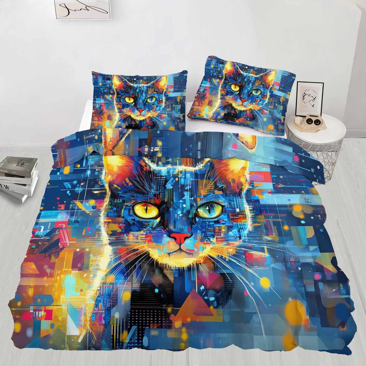 ZAMODE Cat Duvet Cover Queen Size, Mystic Pet Kitten Comforter Cover 90" x 90" & 2 Pillowcases, Sci-Fi Cats Bedding Set with Zipper Ties