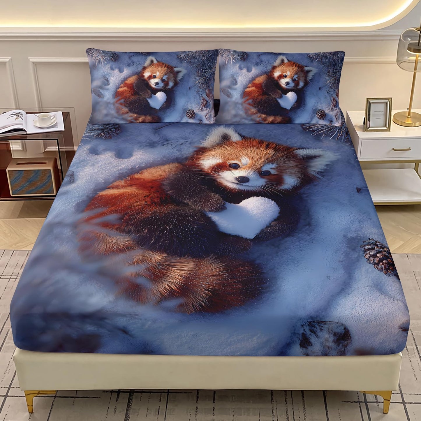 AILONEN Red Panda Fitted Sheet Set Full Size,Kawaii Forest Red Panda Deep Pocket Sheets with 2 Pillowcases,3-Piece Cute Winter Wild Animal Bed Sheet Set for Boys Girls