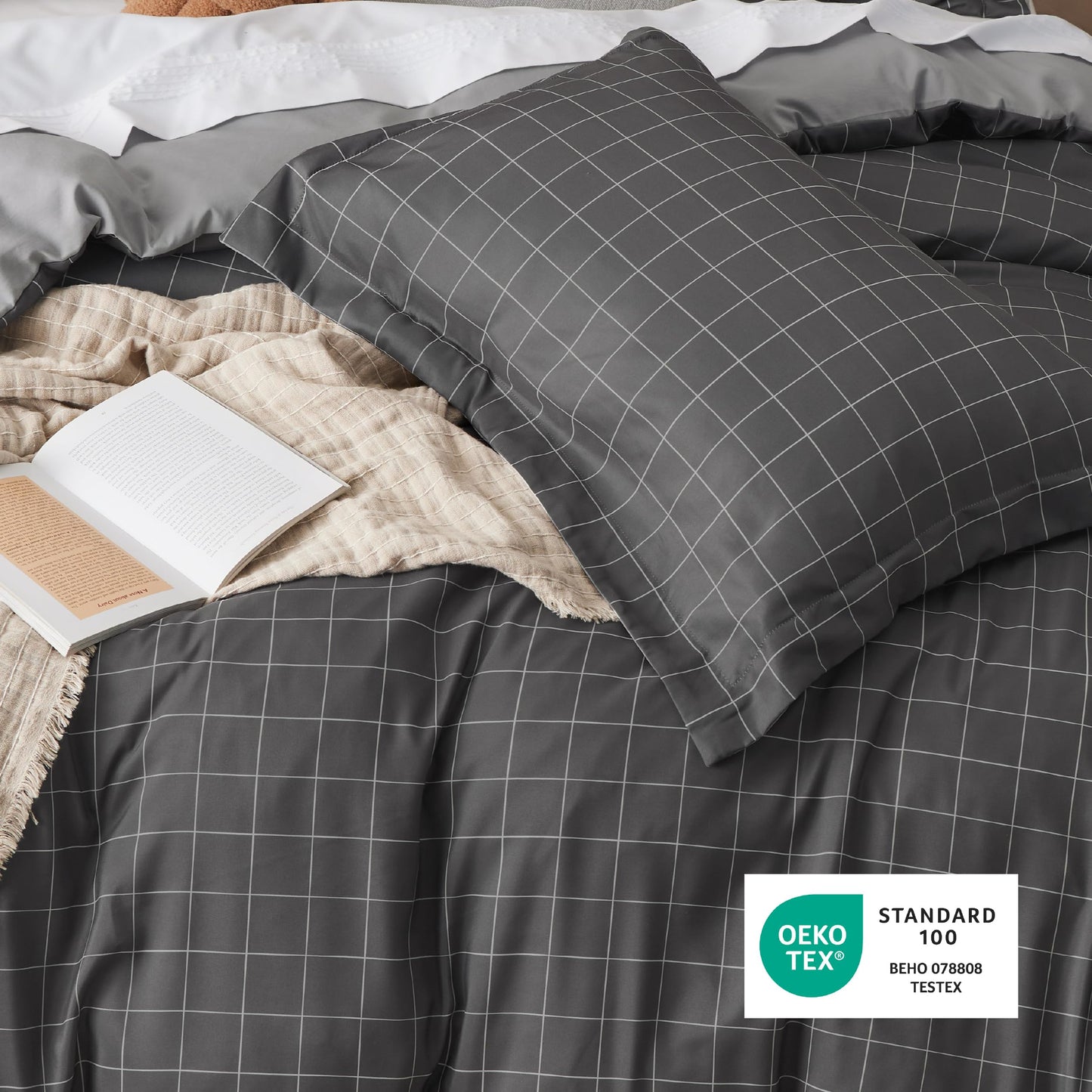 Bedsure Duvet Cover King Size - Reversible Plaid Duvet Cover Set with Zipper Closure, 3 Pieces Dark Grey Bedding Set with 8 Corner Ties and 2 Pillow Shams 20"x36"
