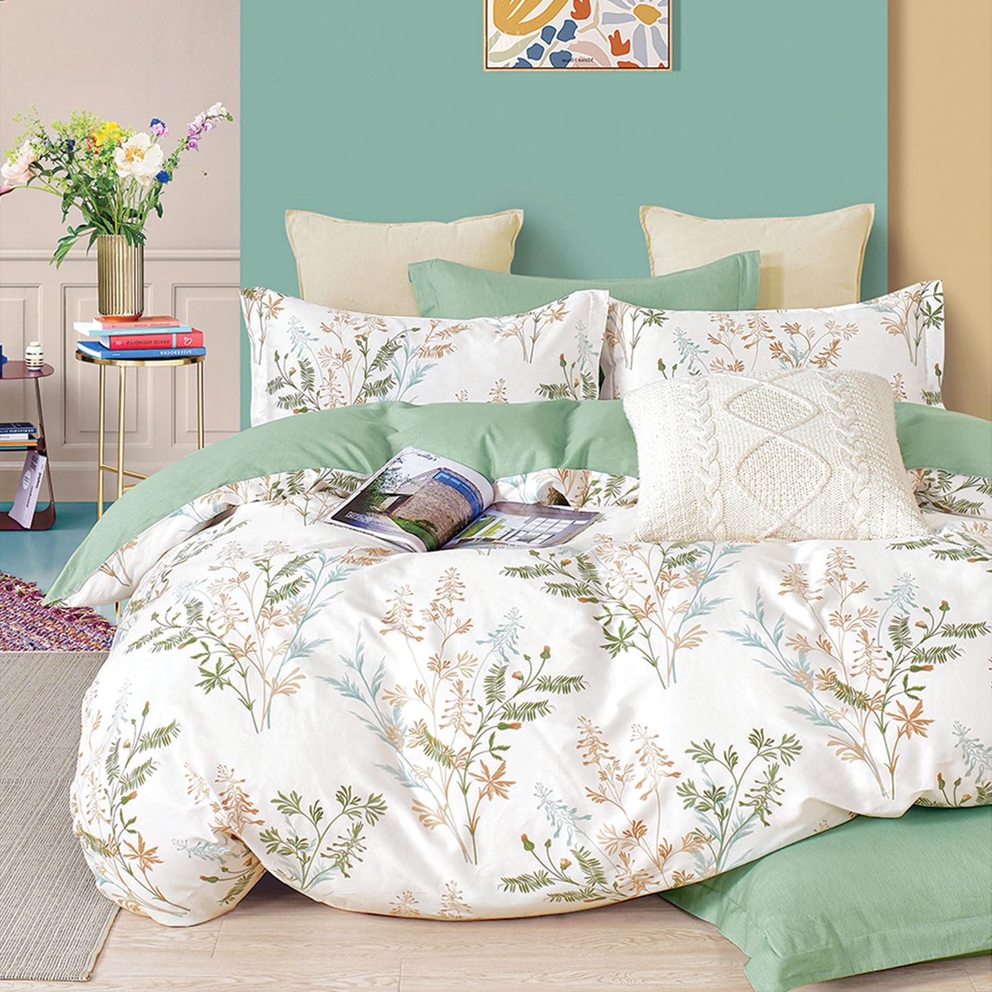 ALEISSEL Natural Cotton 3pcs Botanical Comforter Sets King Size-Green Comforter with Luxurious Tan & Gray Leaves on White, Reversible Lightweight Floral Bedding Sets(King 104"×90")