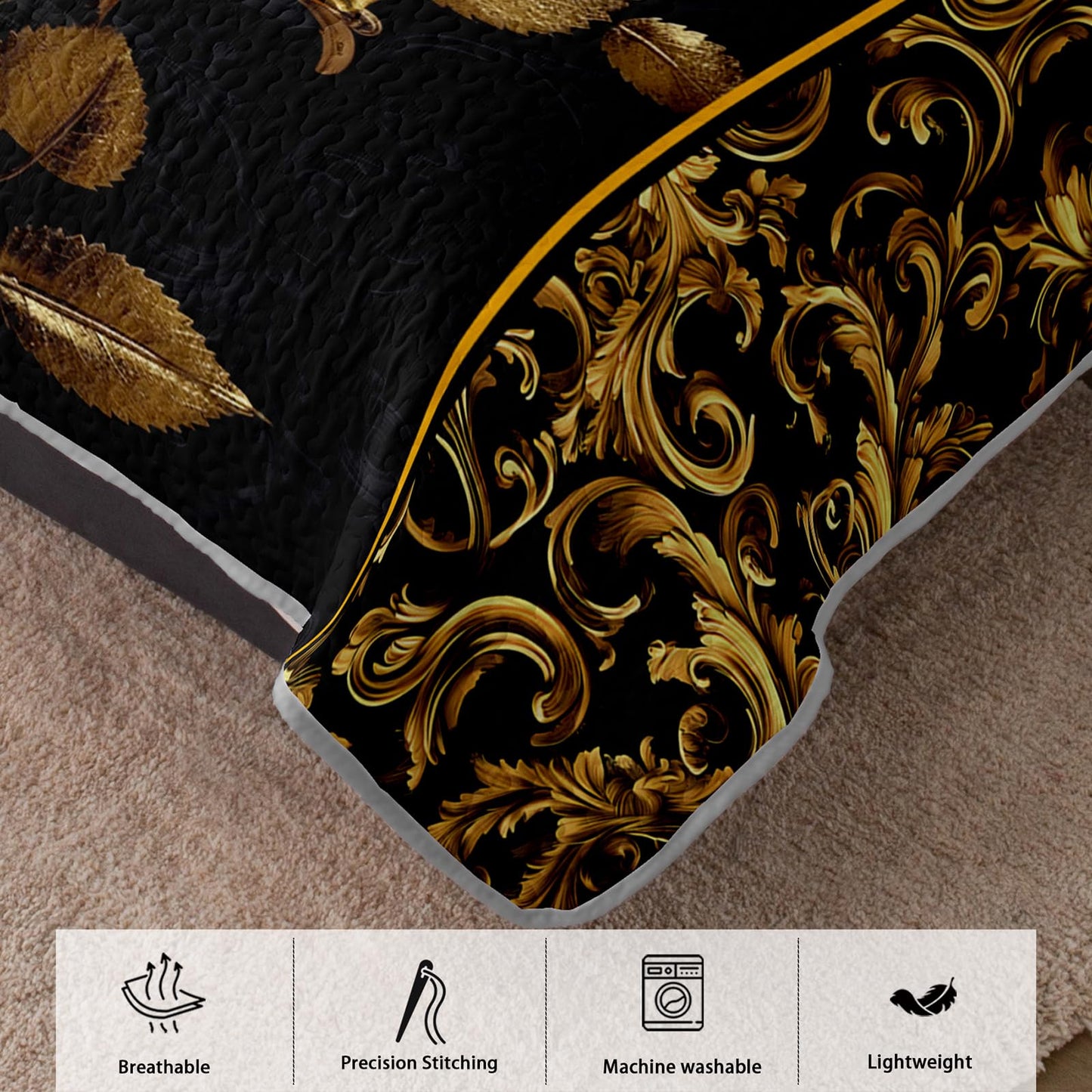 AILONEN Golden Rose Printed Quilt Set Full Size with 2 Pillowcases,Black and Gold Flower Luxury Quilted Bedspreads Soft Lightweight,Romantic Floral Bedding Set 3Pcs
