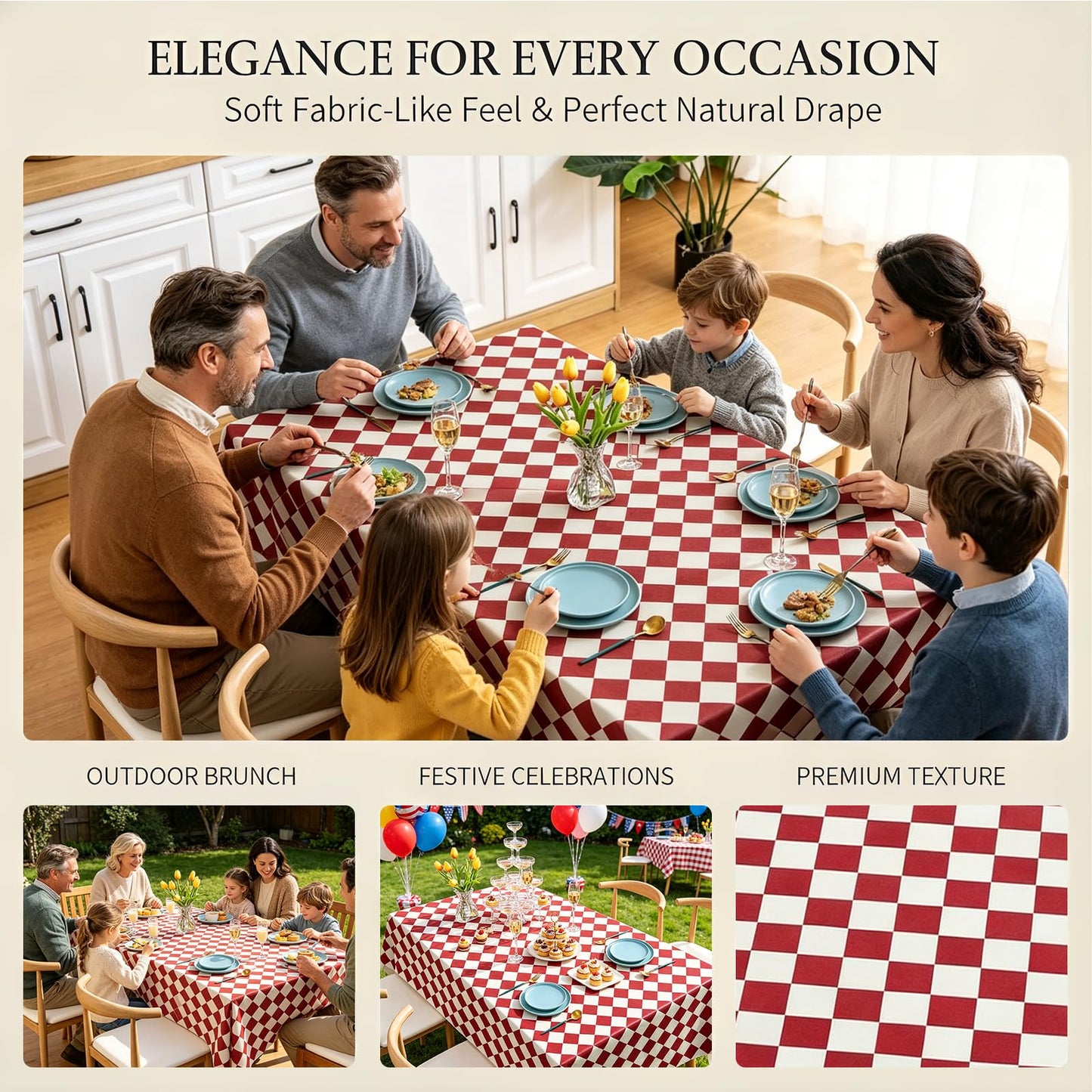 Qvthpv Rectangle Tablecloth 55"x70" Waterproof Oilproof Heat Resistant Kitchen Table Cover, Stainproof Wipe Clean Vinyl Mat for Dining Room, Everyday Use & Holiday Parties (Deep red Pattern)