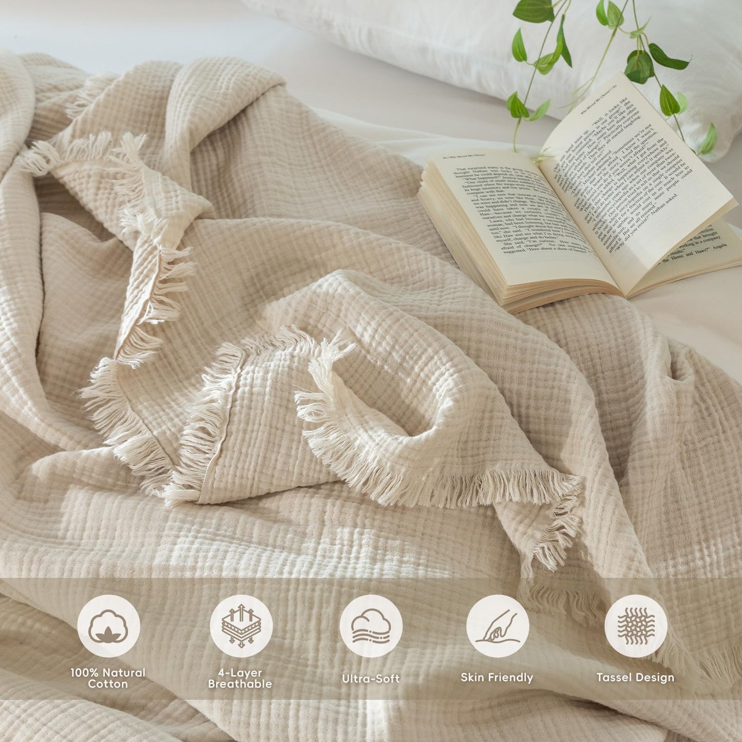 MooMee Muslin Blanket - 100% Cotton 4-Layer Gauze Throw Blanket with All-Around Fringe, Soft Breathable Lightweight Cooling Summer Blankets for Bed Couch (Beige,Queen 90" x 90")