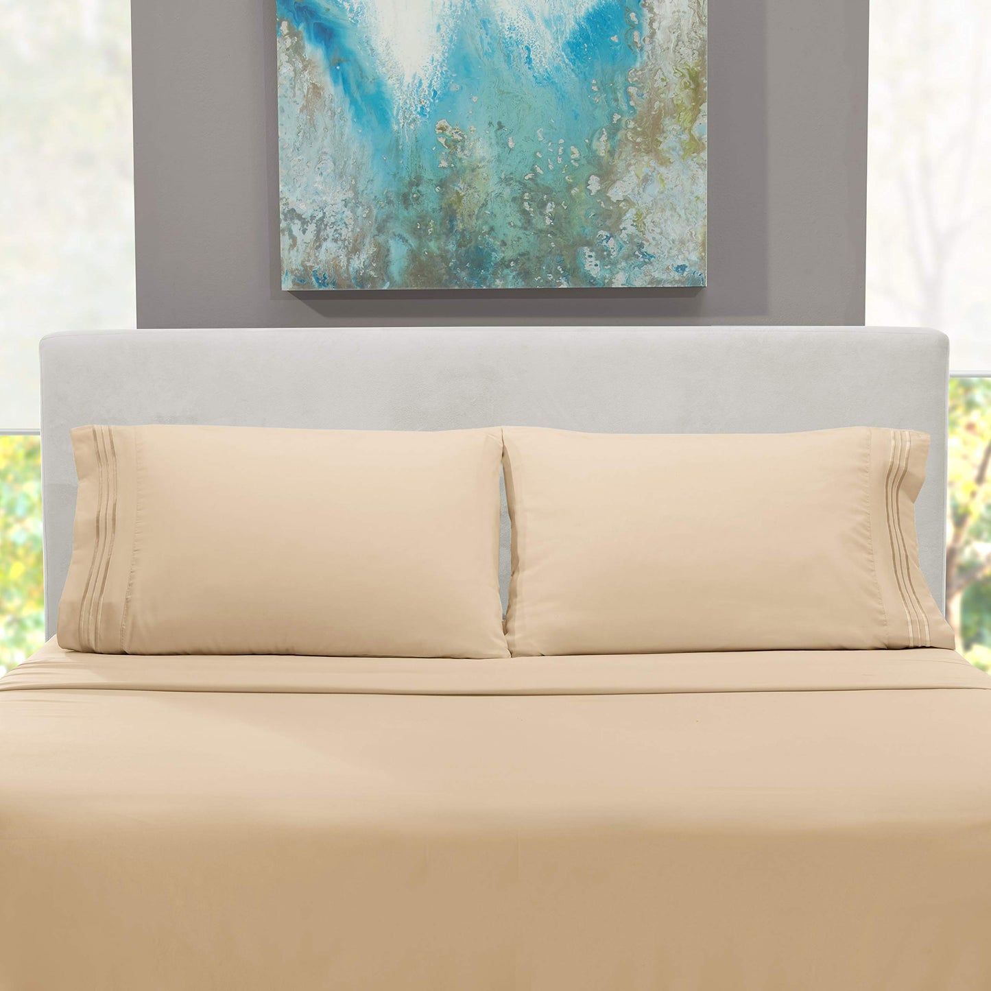 Hearth & Harbor Full Size Sheets - 4 Piece Bed Sheet Set, Hotel Luxury Double Brushed Bed Sheets - Extra Soft Bedding Sheets & Pillowcases, Full, Beige