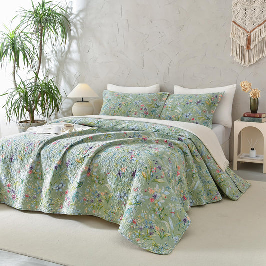 Sanracie Cotton Quilt Queen Size(90"x98")-Green Floral Quilted Bedspreads Set,3pcs Green Flower Bird Butterfly Print Botanical Quilt Bedding Coverlet Summer Soft Lightweight Aesthetic Bedding