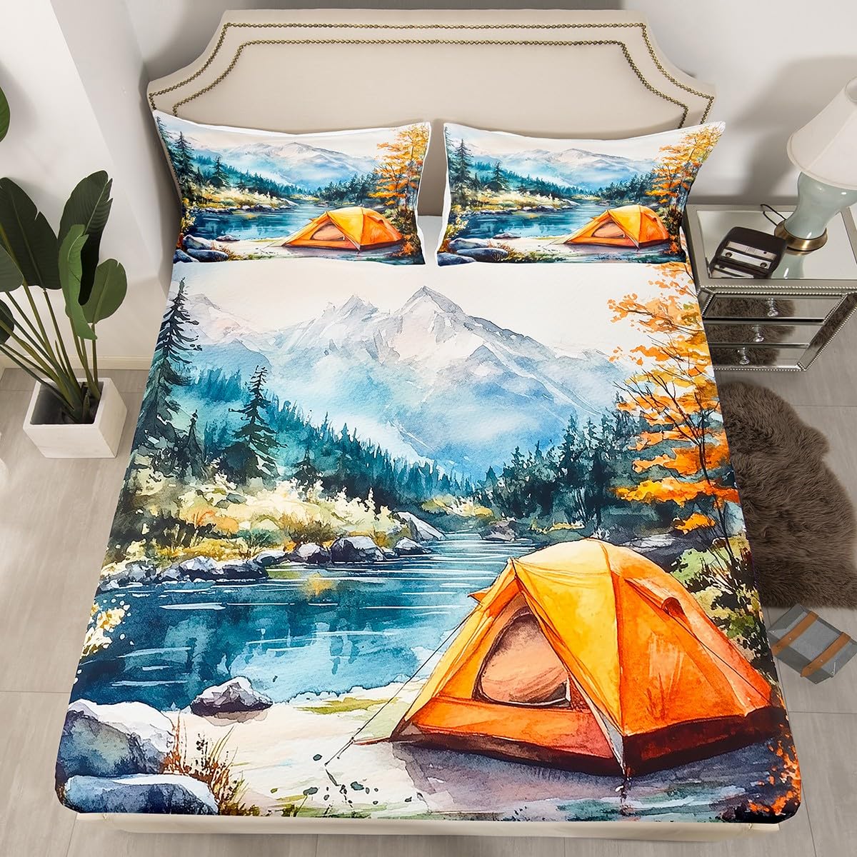 Erosebridal Happy Camping Bed Set Full,Outdoors Natural Camper Decor Bed Sheets Set Rustic Farmhouse Flat Fitted Sheet for Kids Adults Jungle Tree Country Bedding Sets with 2 Pillow Cases
