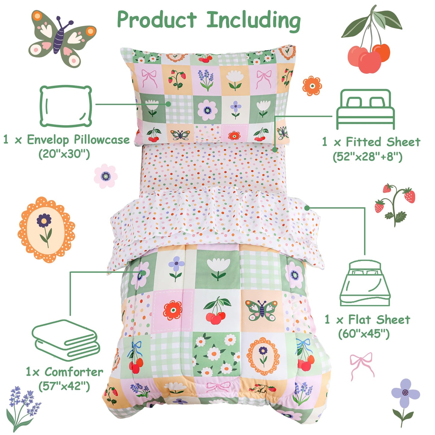 Mooreeke 4 Pieces Toddler Bedding Set - Green Floral Butterfly Toddler Comforter Sets for Girls, Includes Comforter, Flat Sheet, Fitted Sheet and Pillowcase, Bed in A Bag for Baby Bedroom