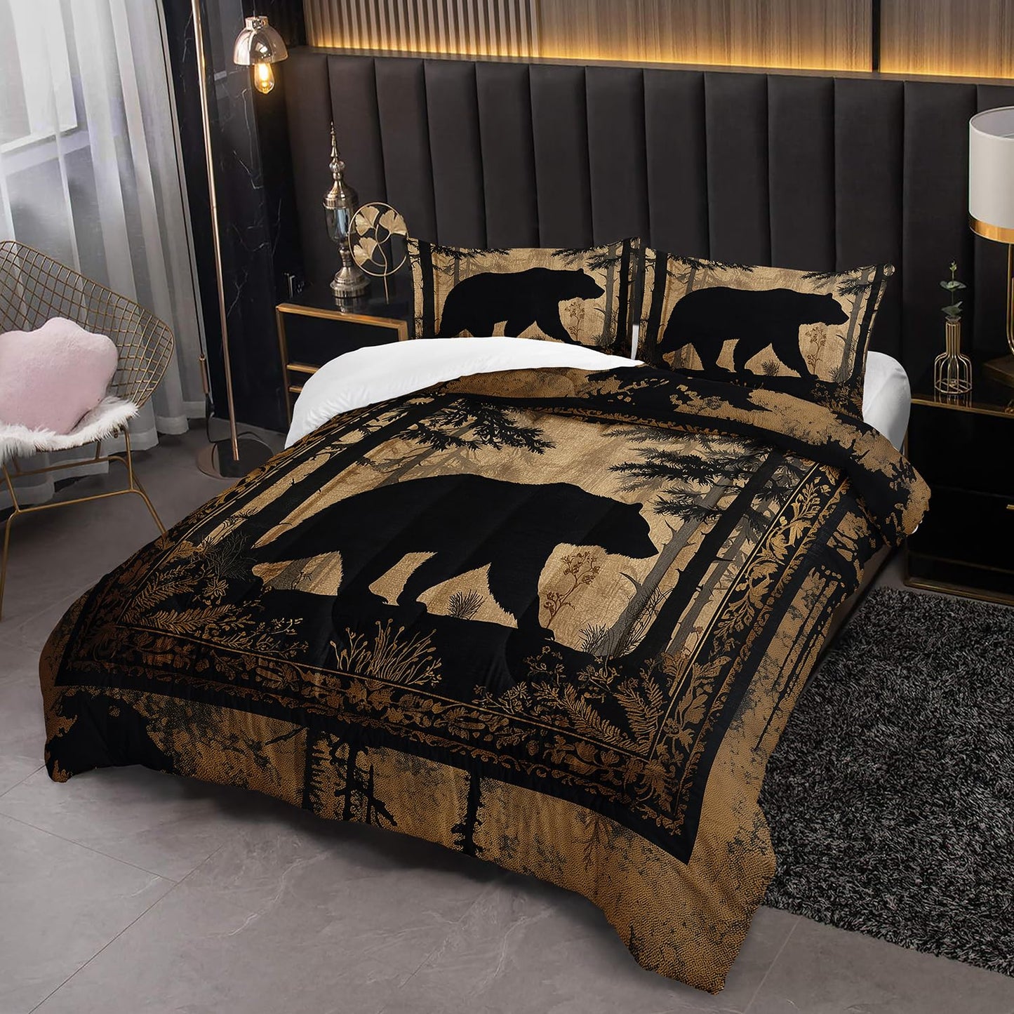 XYNHML Black Bears Hunting Animal Comforter 3Pcs Twin Wildlife Bear Forest Pine Tree Bedding Set for Kid Teen Boy Girl Adult Retro Rustic Bear Plant Quilt Bed Decor with 1 Comforter & 2 Pillowcases