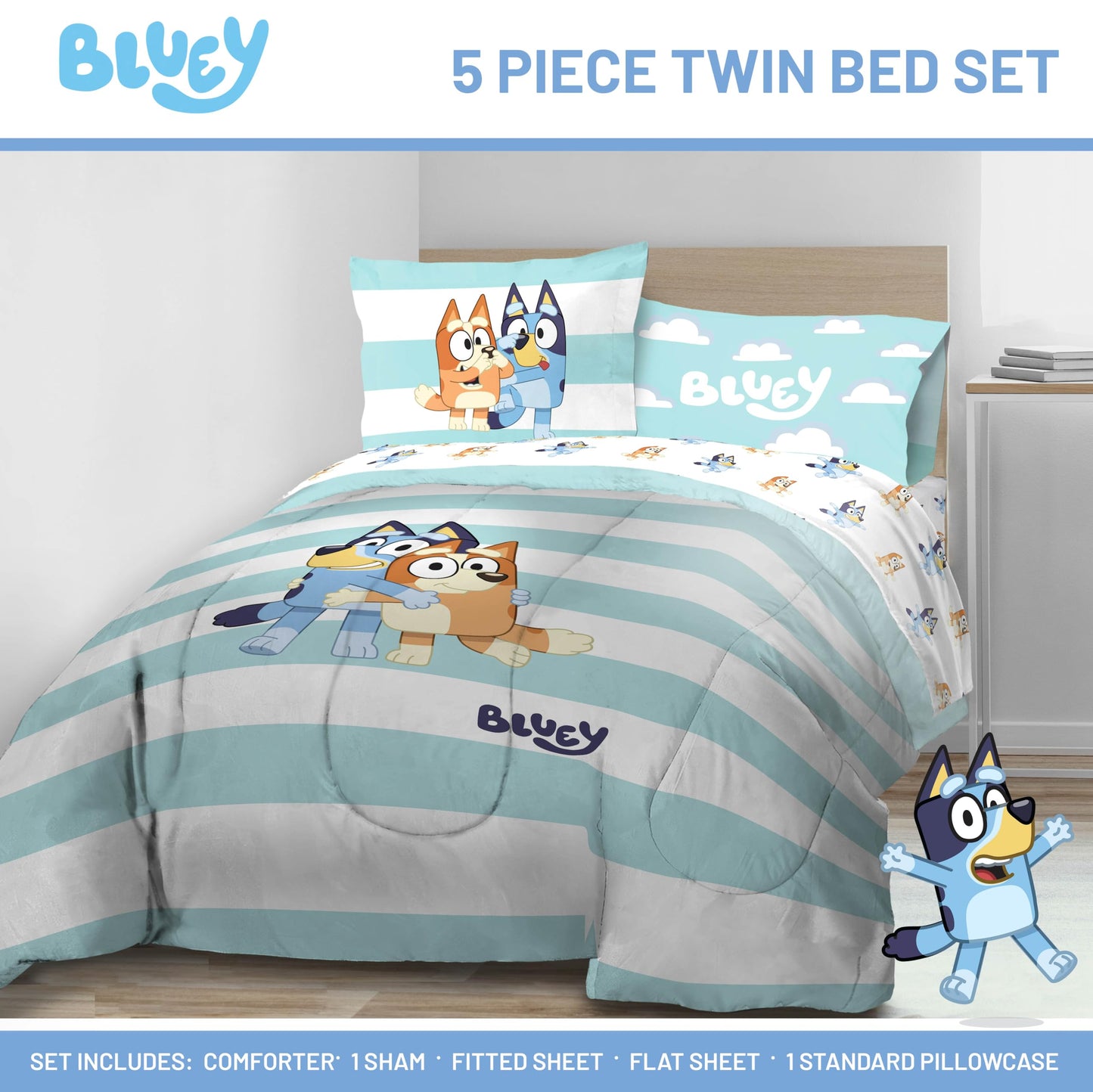 Bluey & Bingo 5 Piece Twin Bed in a Bag - Kids Comforter and Sheet Set with Sham - Super Soft Machine Washable Fade Resistant Microfiber, Oeko TEX Certified (Official Licensed Product) by Jay Franco
