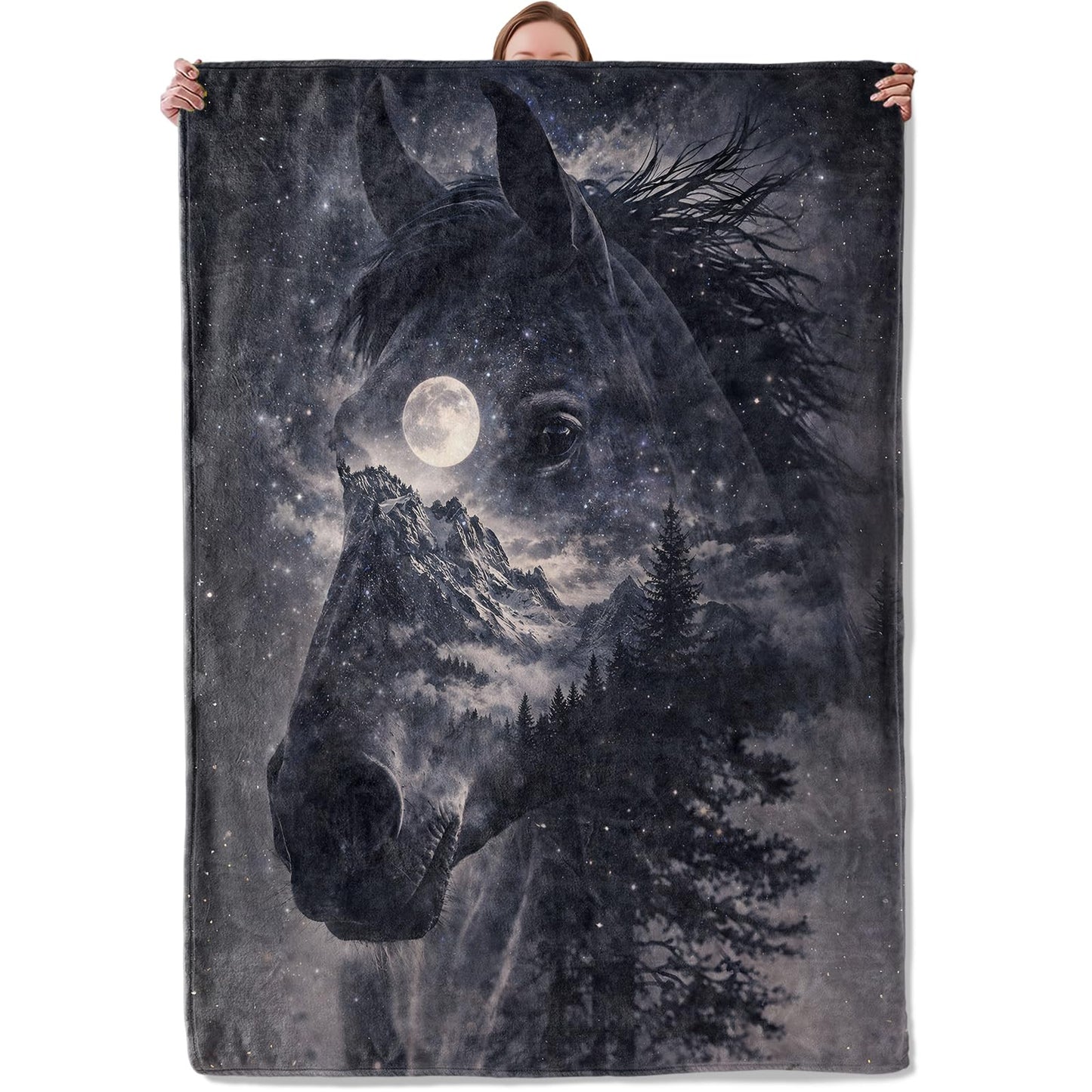 Mystical Moon Horse Blanket Gifts for Women Girls Kids, Soft Warm Lightweight Galaxy Horse Mountain Forest Flannel Throw Blankets for Living Room Sofa Home Bedroom Decor 50" x 60"