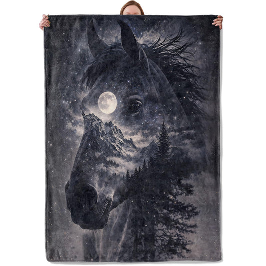 Mystical Moon Horse Blanket Gifts for Women Girls Kids, Soft Warm Lightweight Galaxy Horse Mountain Forest Flannel Throw Blankets for Living Room Sofa Home Bedroom Decor 50" x 60"