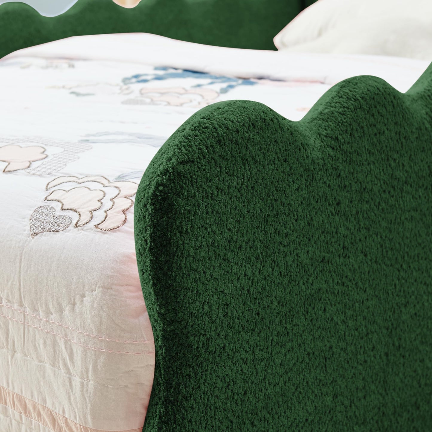 KEIKI Twin Size Upholstered Platform Bed Frame with Cute Dinosaur-Shaped Headboard, for Boys and Girls, Boucle Bed with Thickened Guardrail and Slats, No Box Spring Required, Easy Assembly, Green