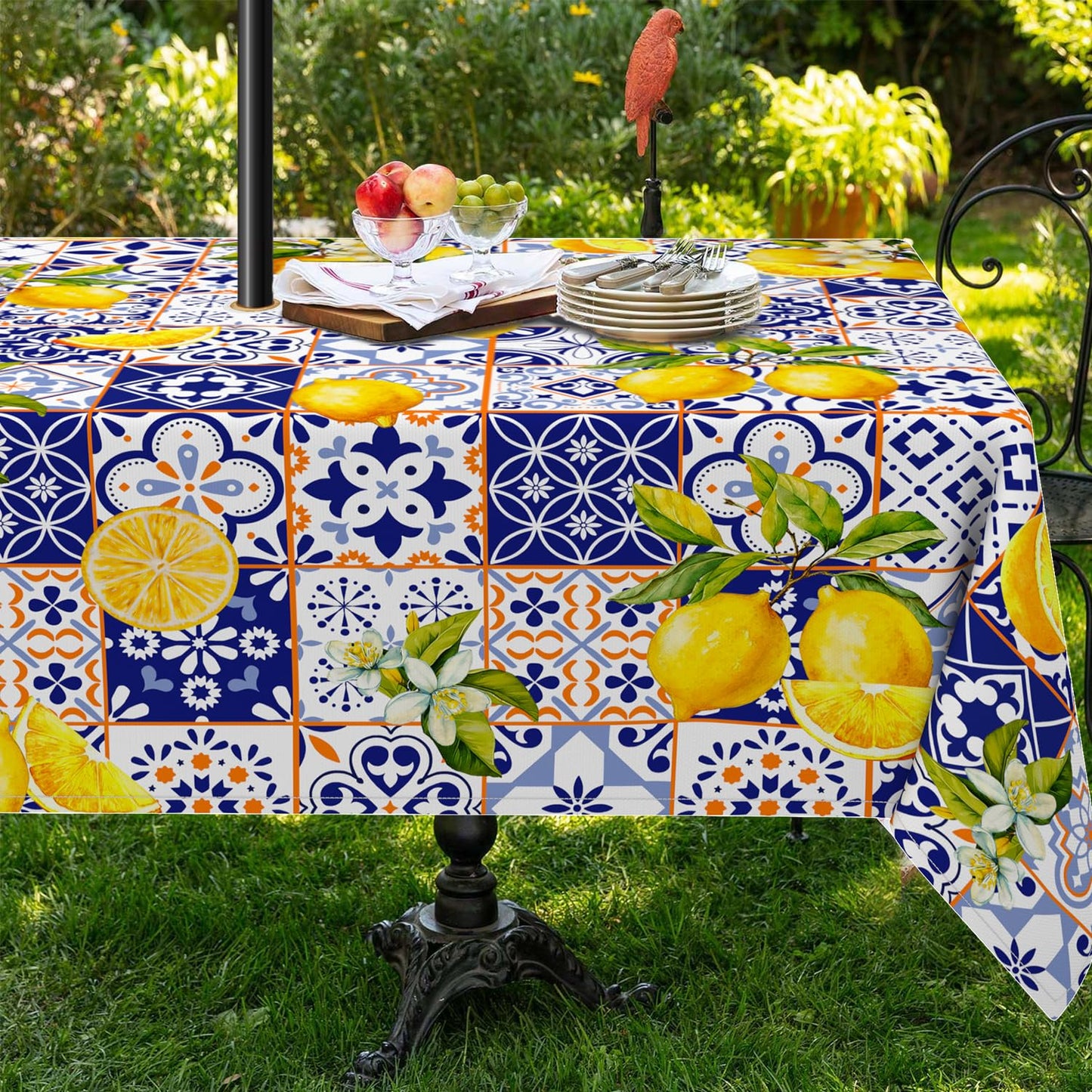 Outdoor Tablecloth With Umbrella Hole 60x84inch,french Lemon Blossom Spring Summer Zipper Tablecloth, Waterproof Wrinkle-Resistant Washable Rectangular Tablecloth for Picnics, Party, Camping and BBQ