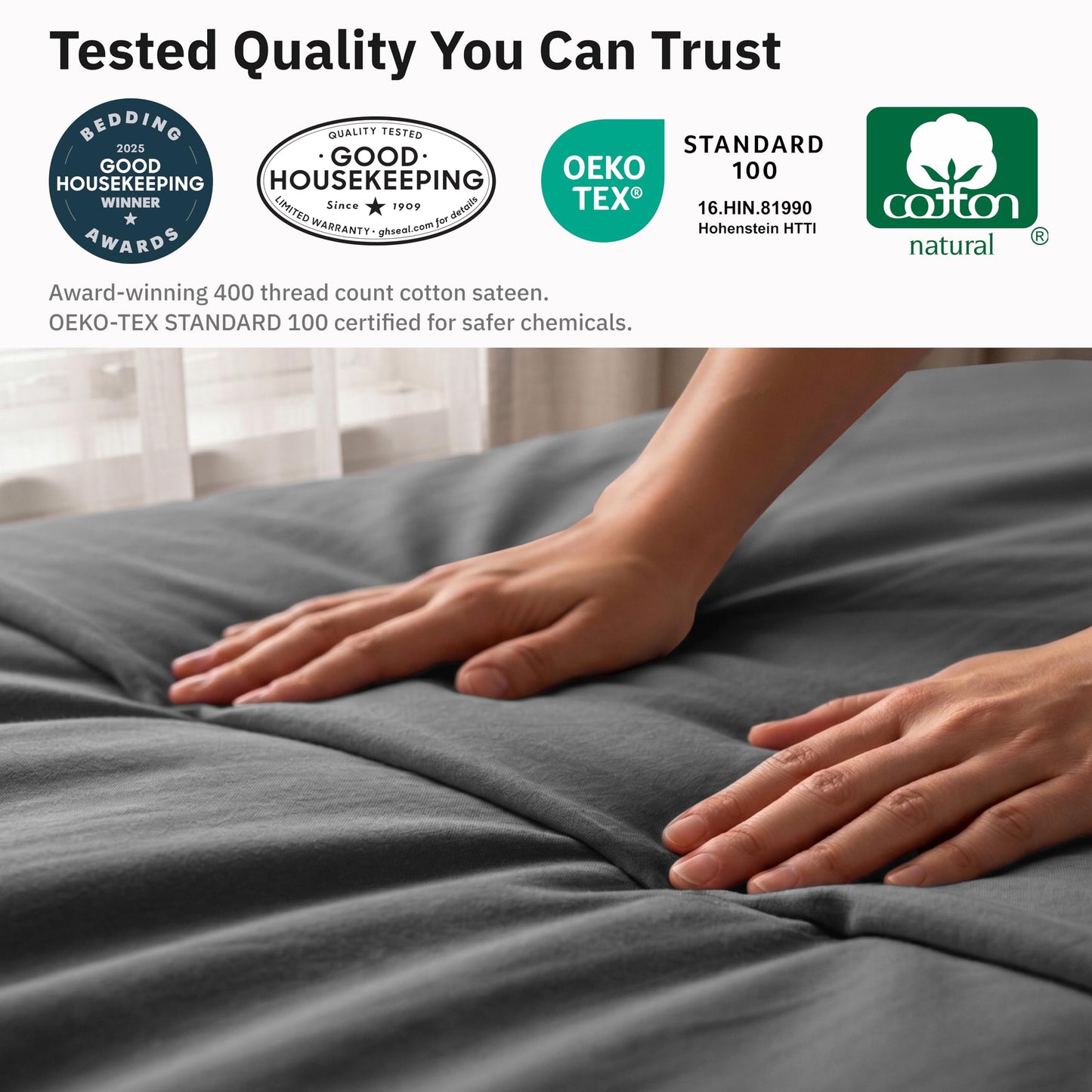 California Design Den Full/Queen 100% Cotton Duvet Cover Only - Winner Good Housekeeping Best Bedding Awards 2025, 400 Thread Count, Sateen Duvet Covers Queen, Button Closure & Corner Ties - Grey