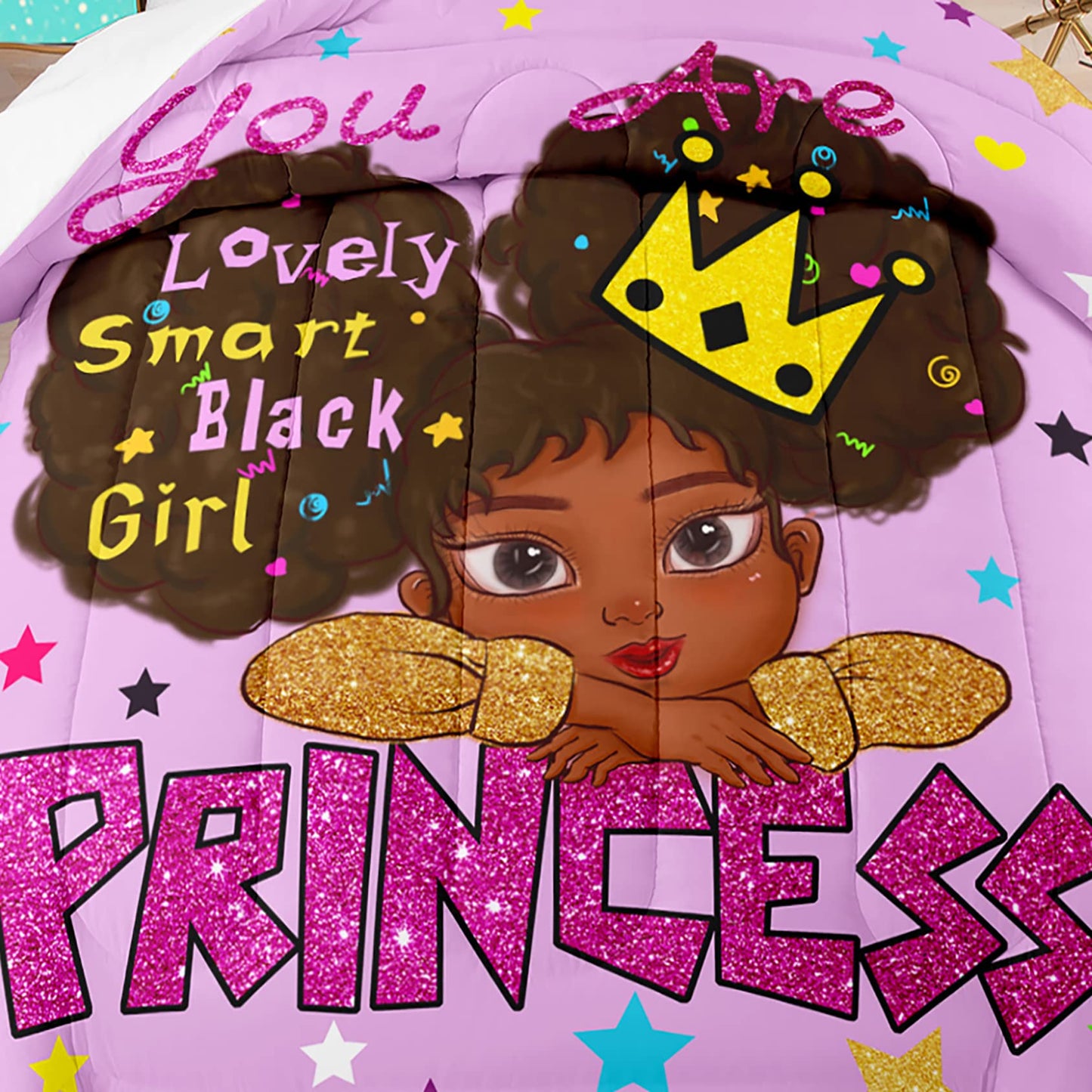 Jiospet Black Girl Comforter Sets Twin -African Girls Comforter for Kids Cute Bedding Sets for Princess Room Decor for Girls Bedroom
