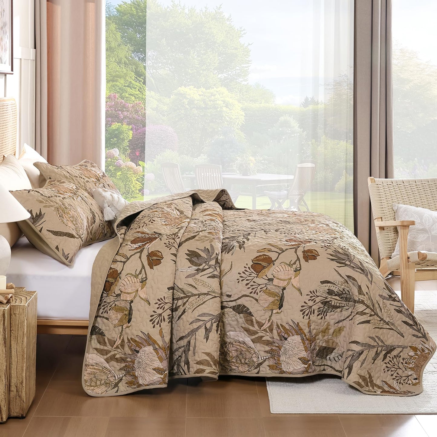 Dintszyayue Quilt Queen Size Brown, 3 Pieces Boho Floral Bedspread Bedding for Queen Size Bed, Soft Lightweight Microfiber Coverlet Set for All Season Quilt with 2 Pillowcases