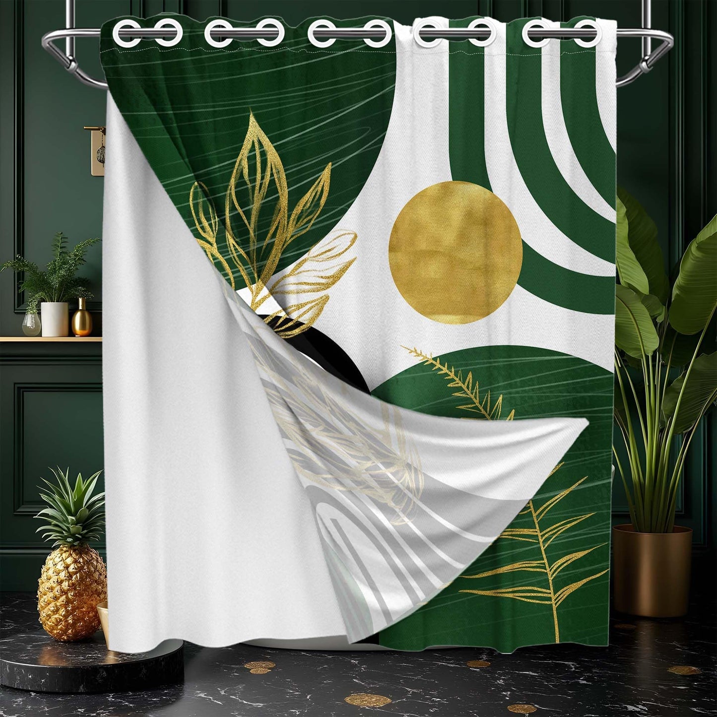 Bxpaitx Olive Green and Gold Hookless Shower Curtain with Snap in Liner Set, Bohemian Emerald Green No Hook Shower Curtains for Mid Century Modern Bathroom, Waterproof Cloth Fabric, 71x74 in