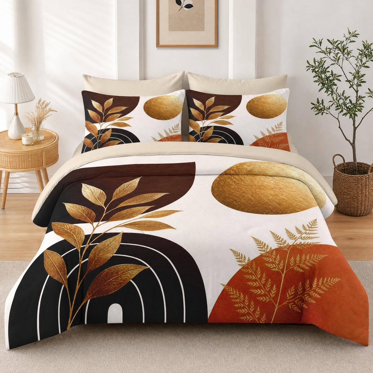 Boewywh Comforter Set Twin Size Boho Gold Abstract 7 Pcs, Bedding for Kids and Adults, Leaf Botanical Bed Sheet Sets with Fitted Sheet 2 Pillowcases & 2 Shams for Bedroom Bed Decor