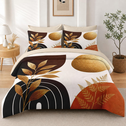 Boewywh Comforter Set Twin Size Boho Gold Abstract 7 Pcs, Bedding for Kids and Adults, Leaf Botanical Bed Sheet Sets with Fitted Sheet 2 Pillowcases & 2 Shams for Bedroom Bed Decor
