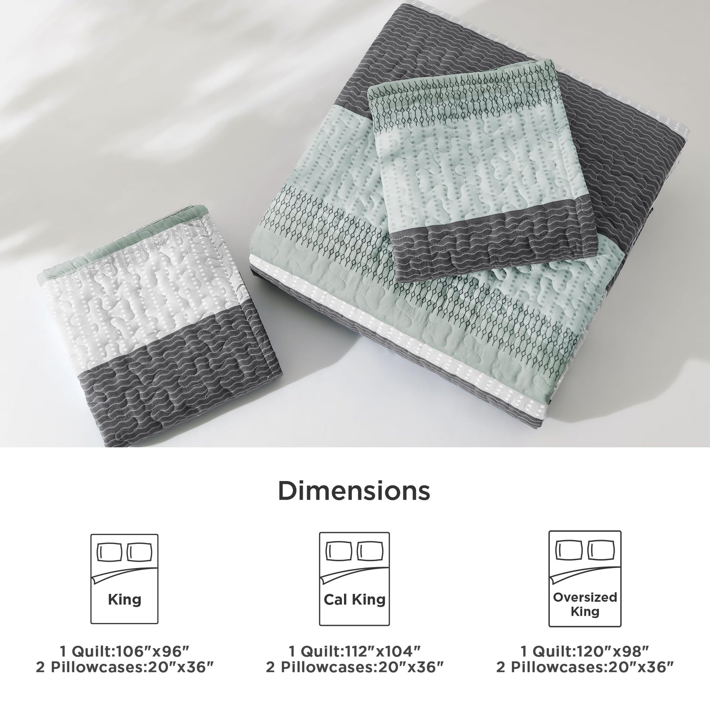 Litanika Quilt King Size Sage Green, Stripe Patchwork Summer Bedspread Coverlet 3 Pieces, Soft Lightweight Polyester Quilted Bedding Set for All Season(1 Quilt, 2 Pillowcases)