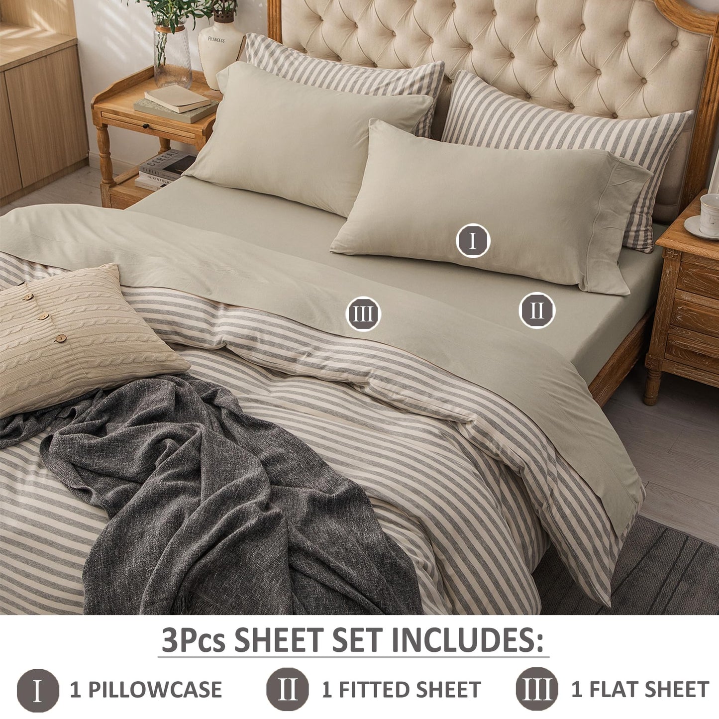 PURE ERA Jersey Knit 4pc Bed Sheet Set 100% T-Shirt Heather Cotton Super Soft Comfy Breathable Fits Mattress Up to 20" Extra Deep Pocket (Dark Beige,Queen)