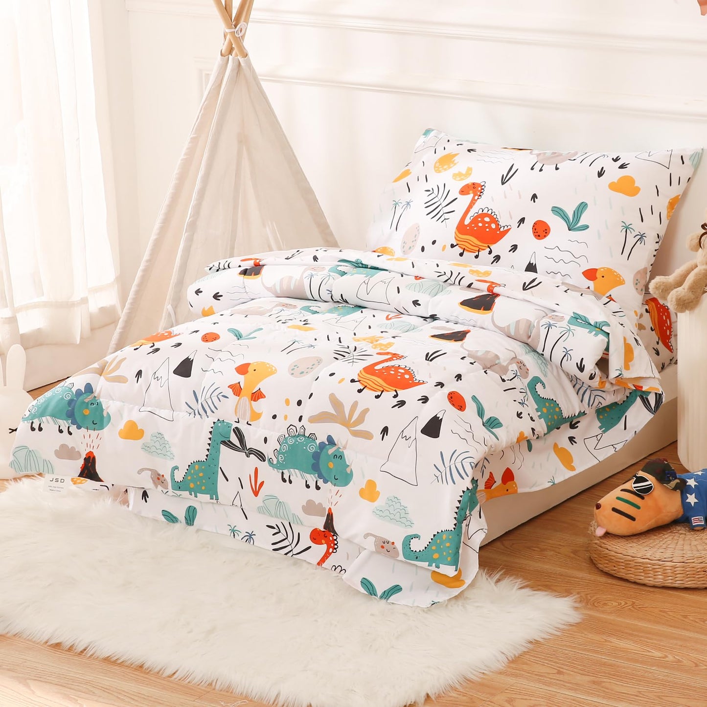 JSD Dinosaur Toddler Bedding Set, 4 Piece Bed-in-a-Bag Toddler Comforter Sheet Set, All Season Machine Washable