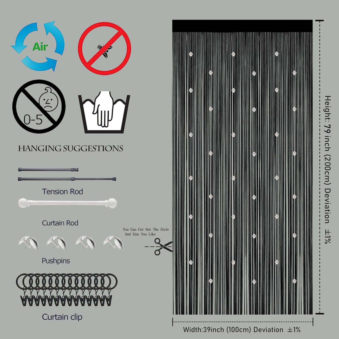 Beaded String Curtains for Doorways Boho Bedroom Decor Hanging Door Wall Beads Closet Window Curtain Room Divider Privacy Decorative (Black, 39" W x 79" L)