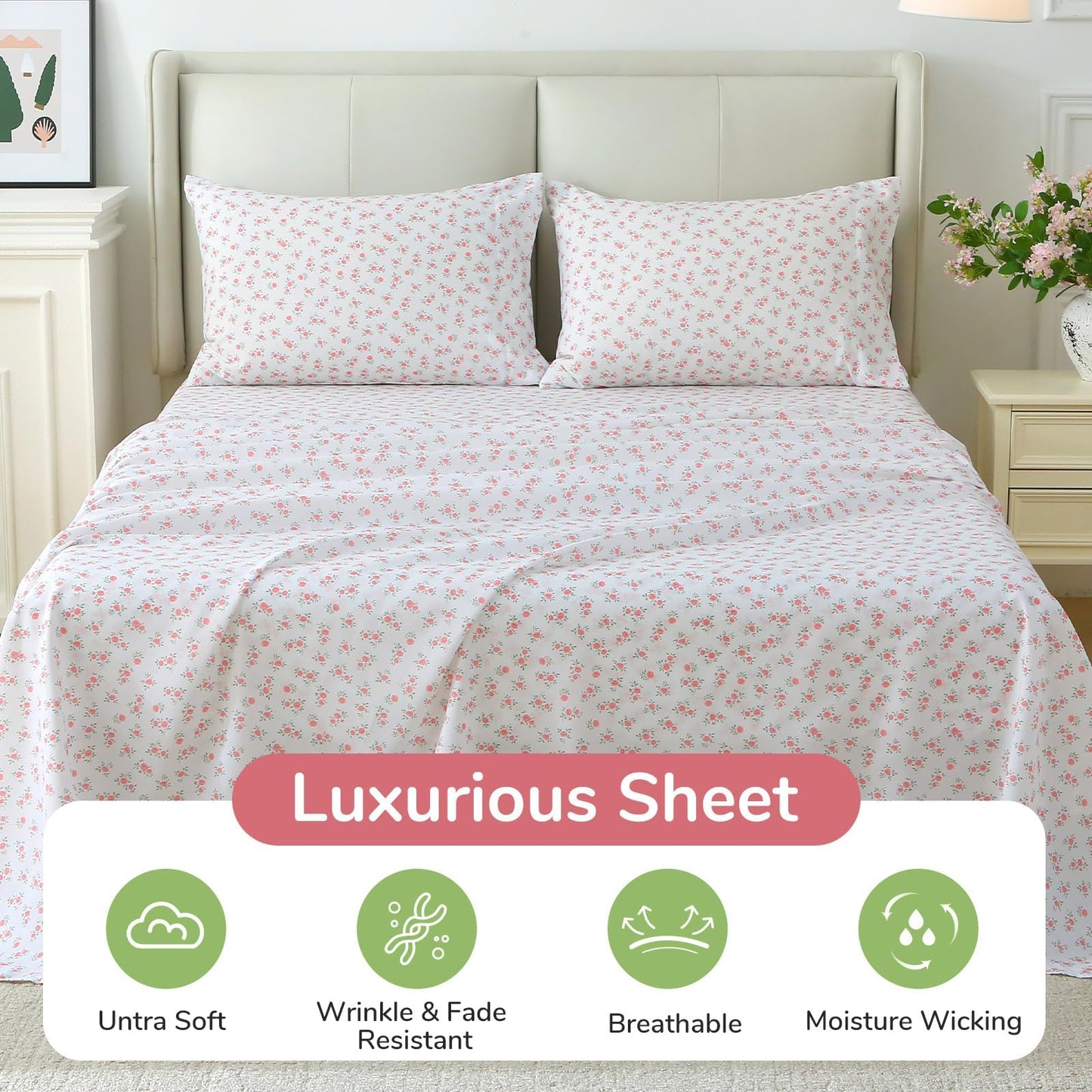 MUXHOMO Full Size 4 Piece Sheet Set, Soft Breathable Bed Sheet Set for Bedroom with Deep Pocket Up to 16", Wrinkle-Free & Cooling Bedding for Oeko-TEX Certified - Floral Pink