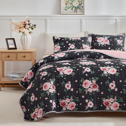 Floral Quilt Set 3 Pieces Queen Size Black Pink Flower with Green Leaves Soft Microfiber Lightweight Summer Reversible Coverlet Bedspread for All Season -1 Quilt 88*88 + 2 Pillow Shams