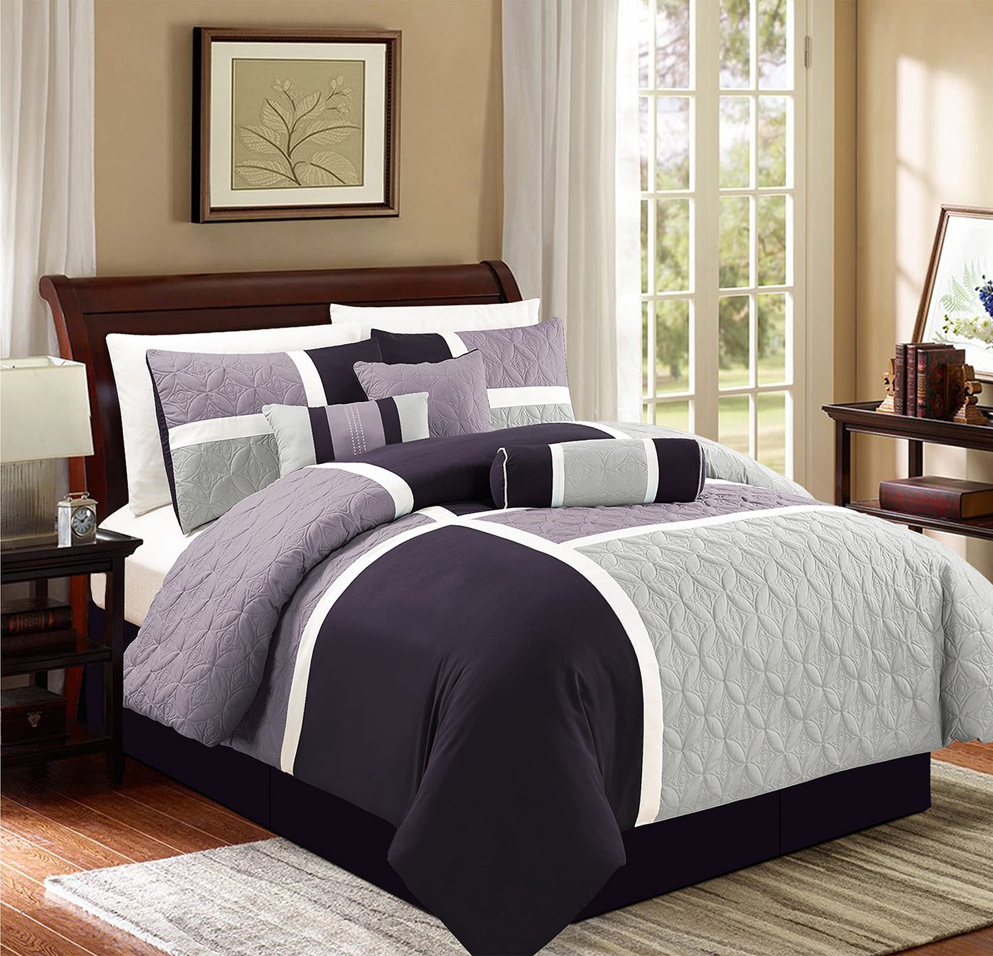 Chezmoi Collection Upland 7-Piece Quilted Patchwork Comforter Set, Lavender/Gray/Purple, King
