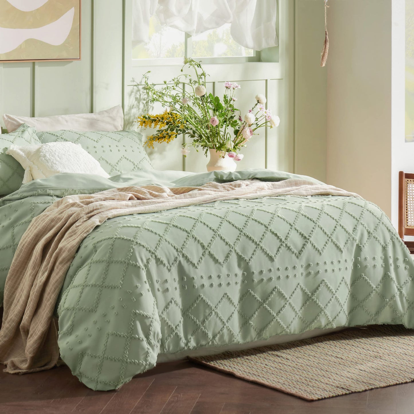 Bedsure Boho Duvet Cover Queen Size - Sage Green Breathable & Soft Boho Bedding, Machine Washable Comforter Cover for All Seasons, Includes 1 Duvet Cover 90"x90" with 2 Pillow Shams & Zipper Closure