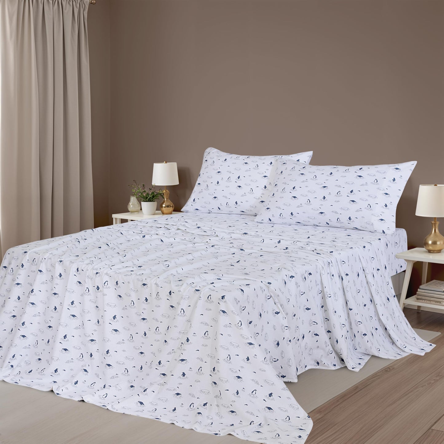 ZOYER Flannel Sheets Queen Size - 100% Cotton Double Brushed Bed Sheets, Deep Pockets 16 Inches Queen Sheet Set, All Seasons Breathable & Extra Soft - Warm & Cozy, 4 Piece, Penguin Edge