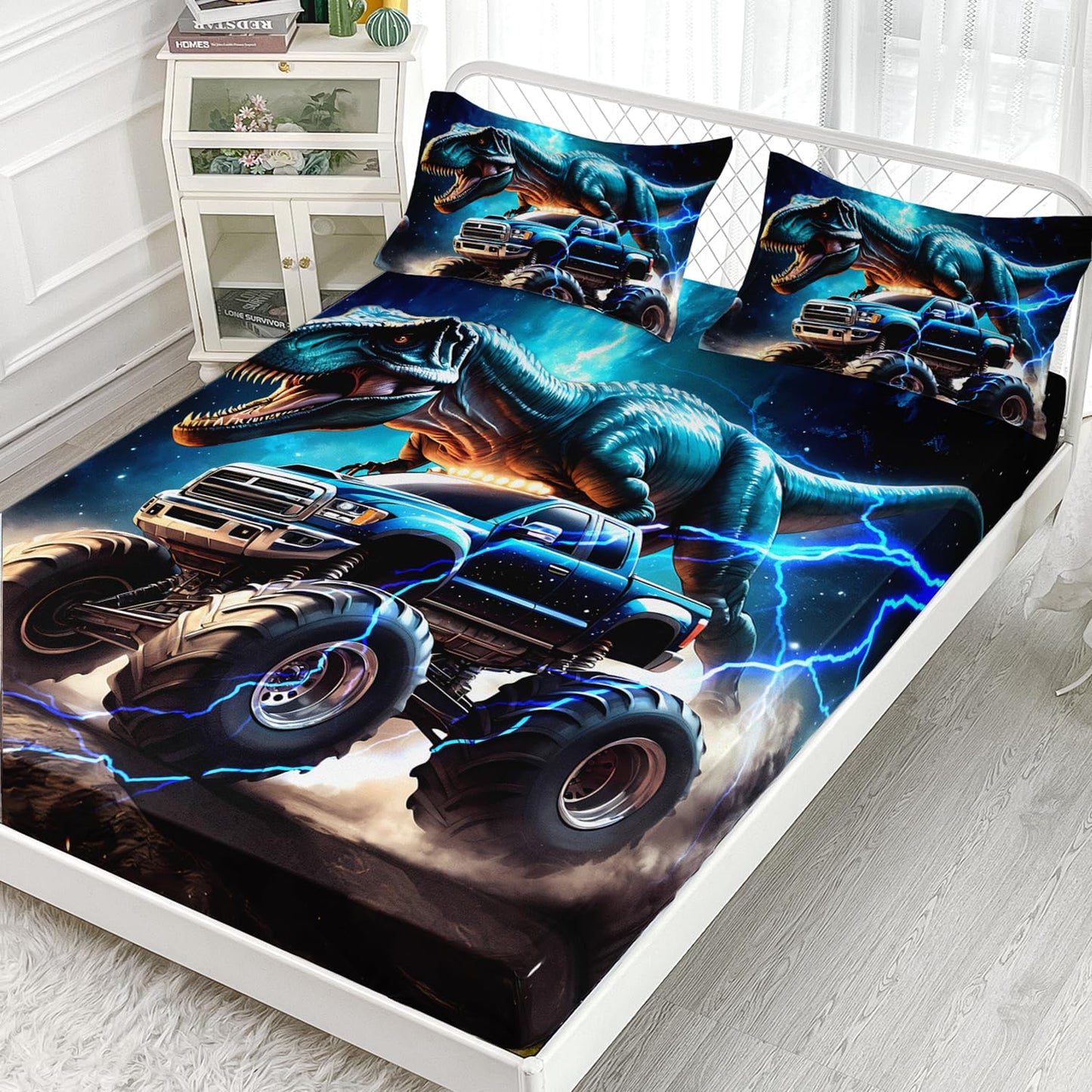 AILONEN Kids Dinosaur Sheets Boys Monster Bedding Set,3D Space Galaxy Dinosaur Fitted Sheet Twin Size with 2 Pillowcases,3 Pieces