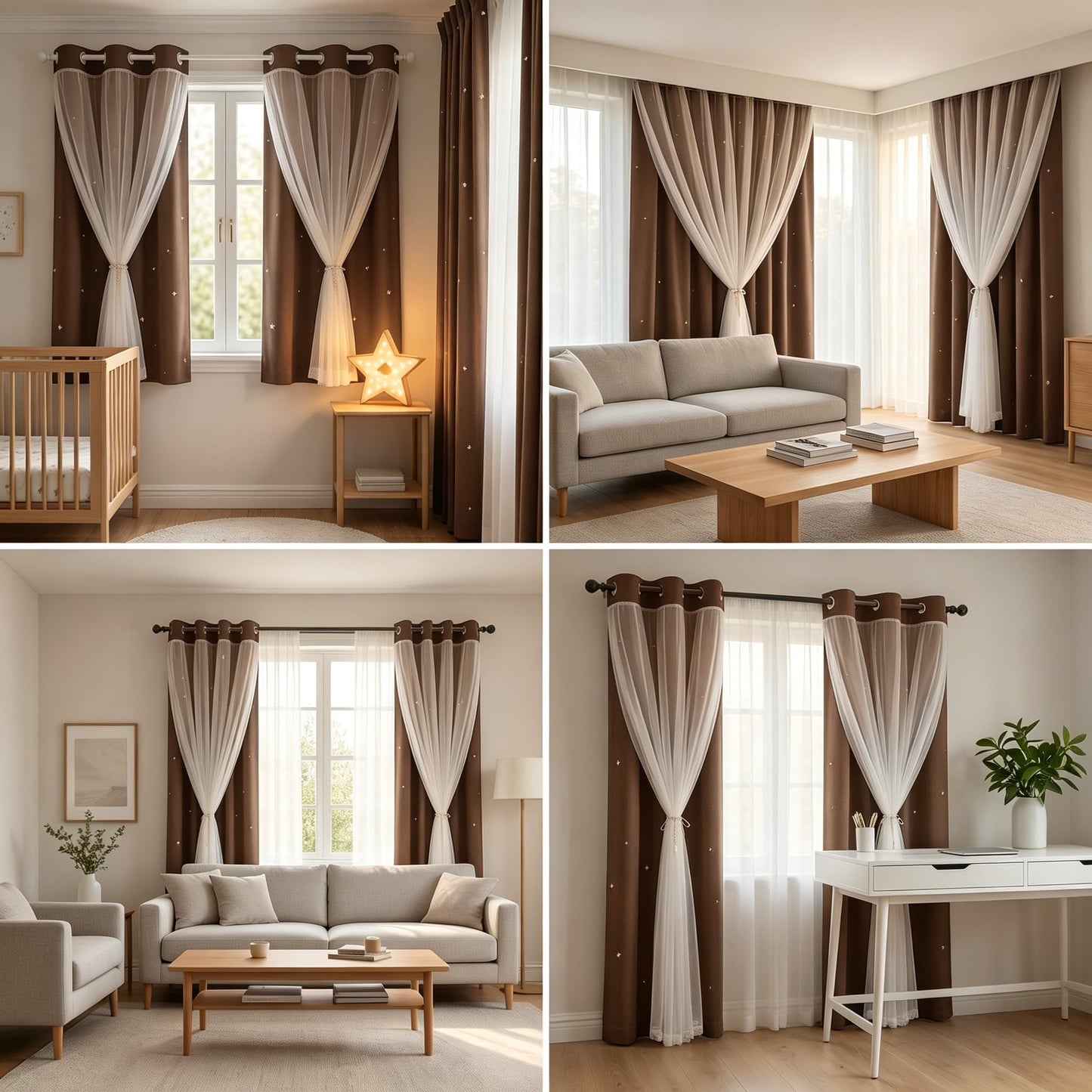 Kinryb 63 Inch Long Star Cut-Out Blackout Curtains for Bedroom Mix and Match Curtain for Kids Girls Bedroom Thermal Insulated Drape 42" W x 63" L Coffee 2 Panels