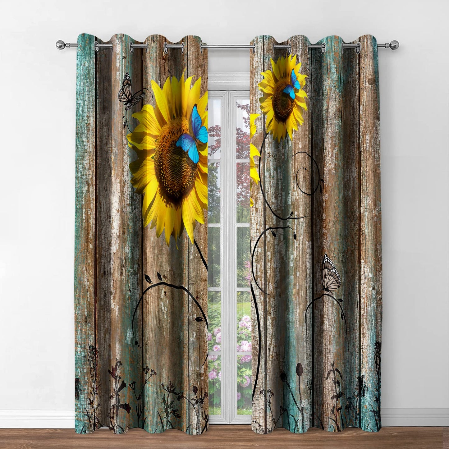 Jekeno Sunflower Blackout Curtains Rustic Floral Country Curtain Farmhouse Primitive Rural Wood Texture Theme Decor for Bedroom Living Room Grommet Window Drapes, 52 Wide 84 Long inches, 2 Panels